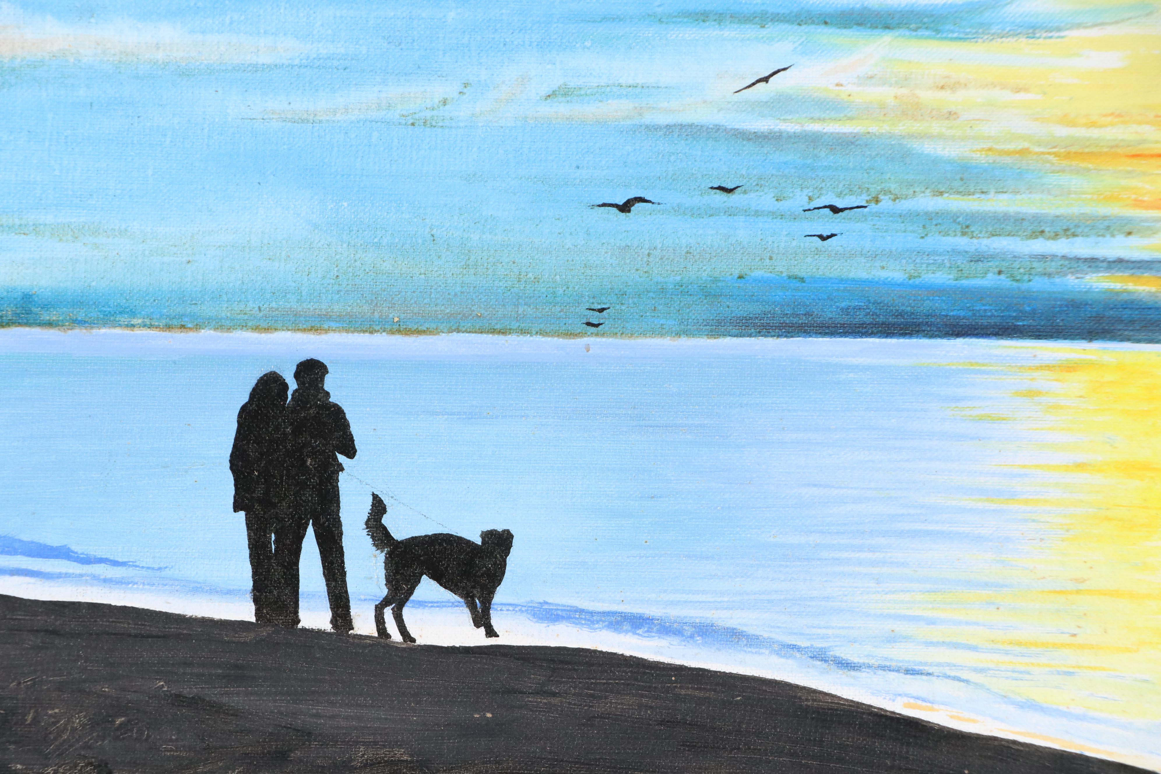 Coastal Landscape with Figures Walking Dog Acrylic Painting