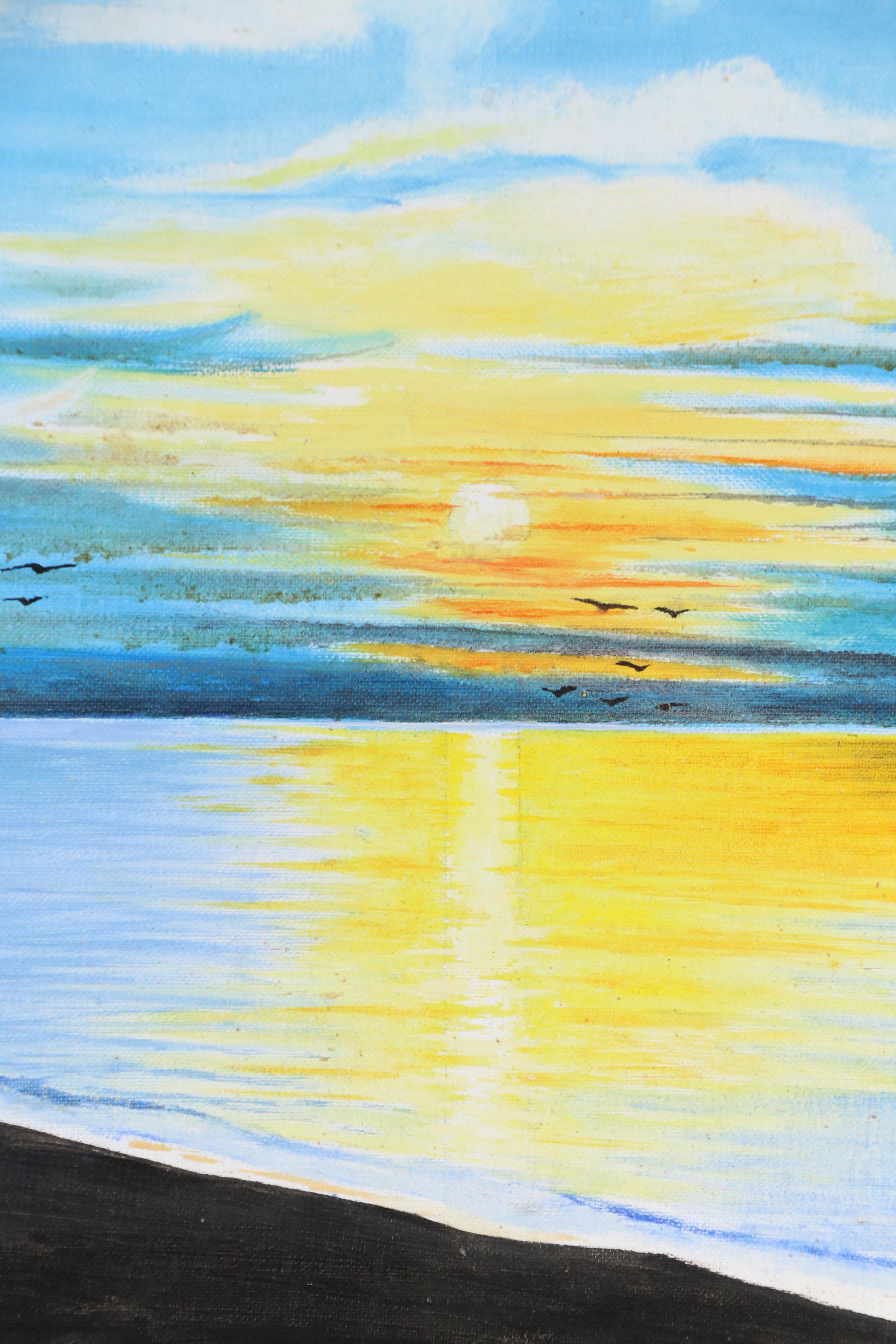 Coastal Landscape with Figures Walking Dog Acrylic Painting