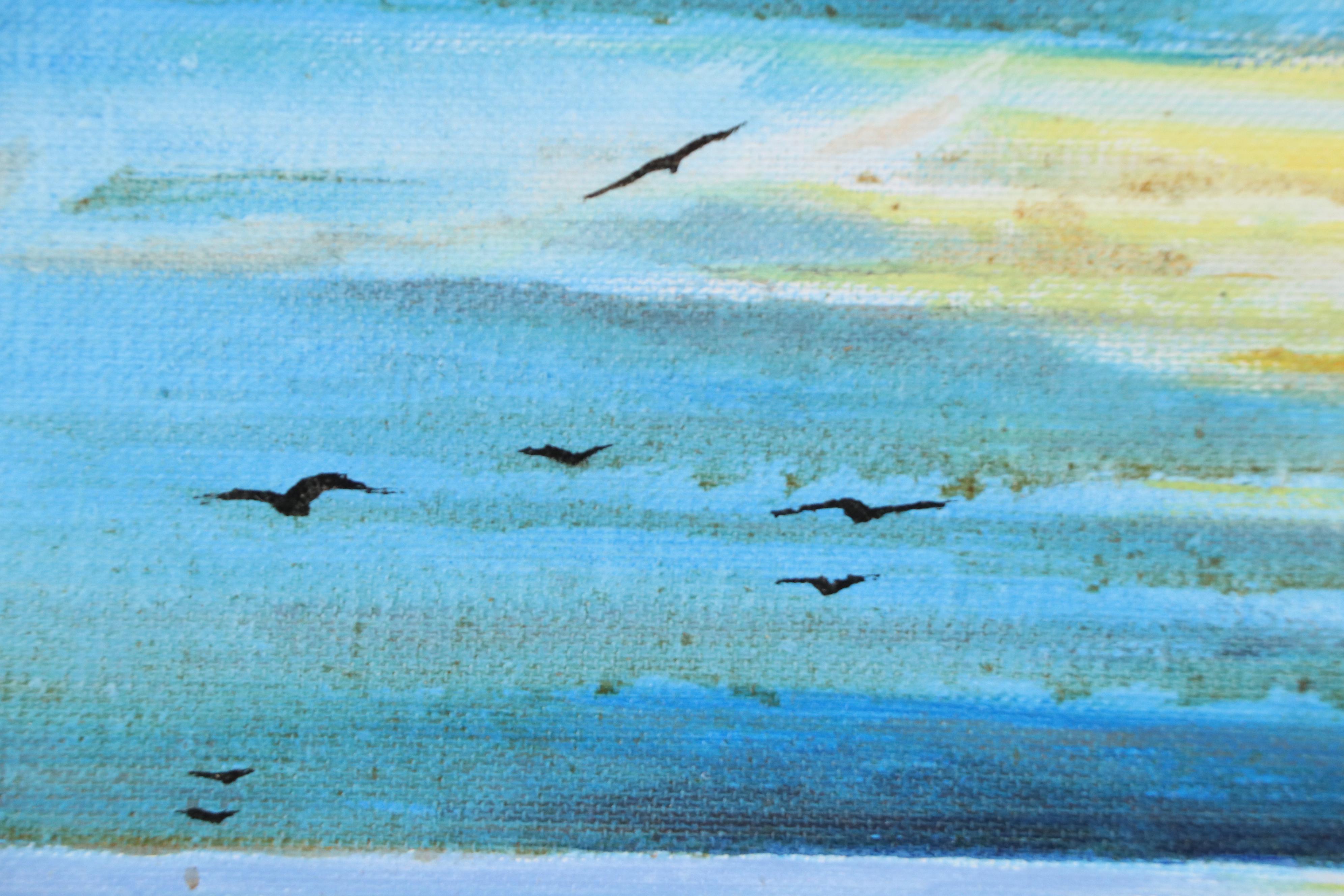 Coastal Landscape with Figures Walking Dog Acrylic Painting