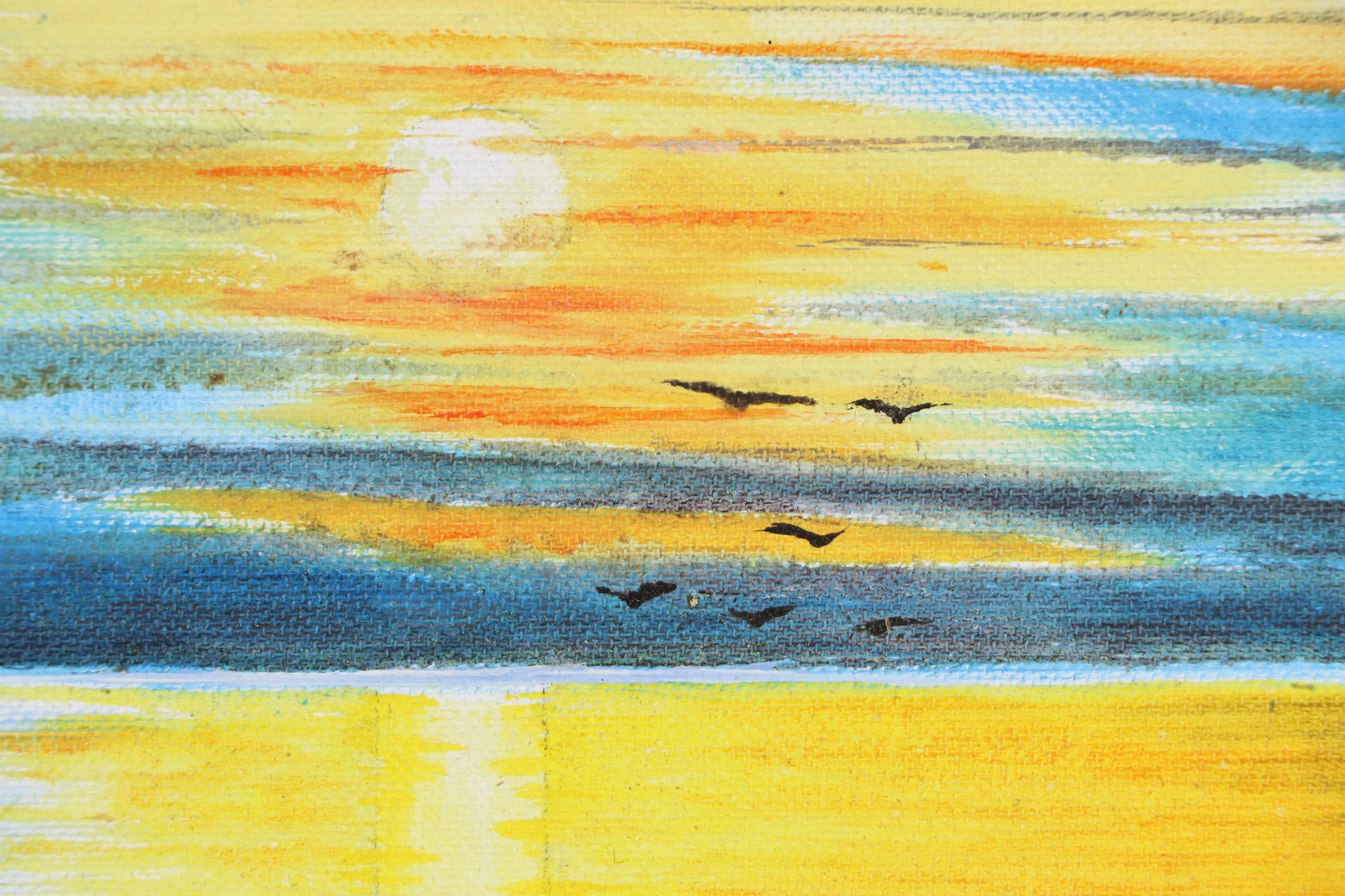 Coastal Landscape with Figures Walking Dog Acrylic Painting