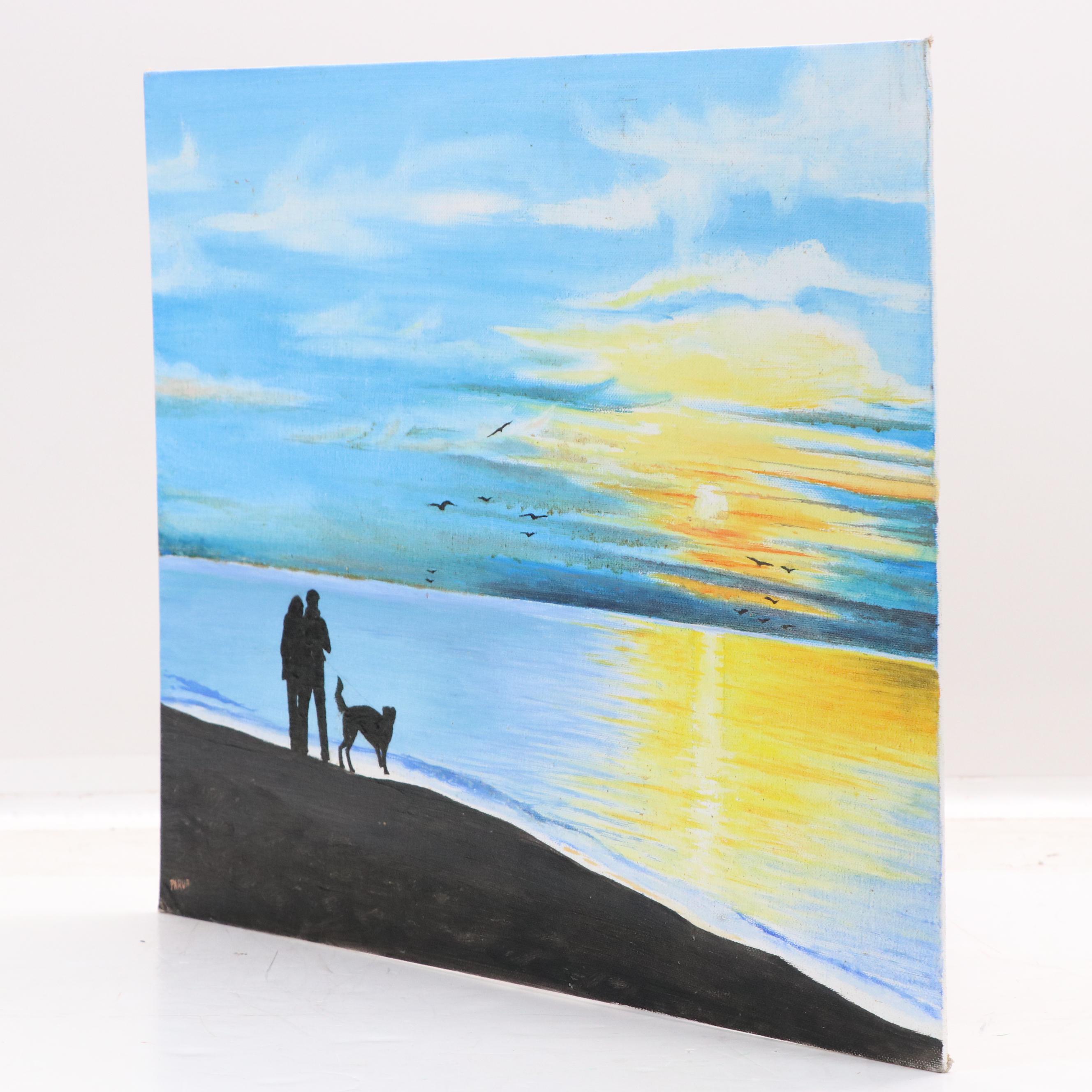 Coastal Landscape with Figures Walking Dog Acrylic Painting
