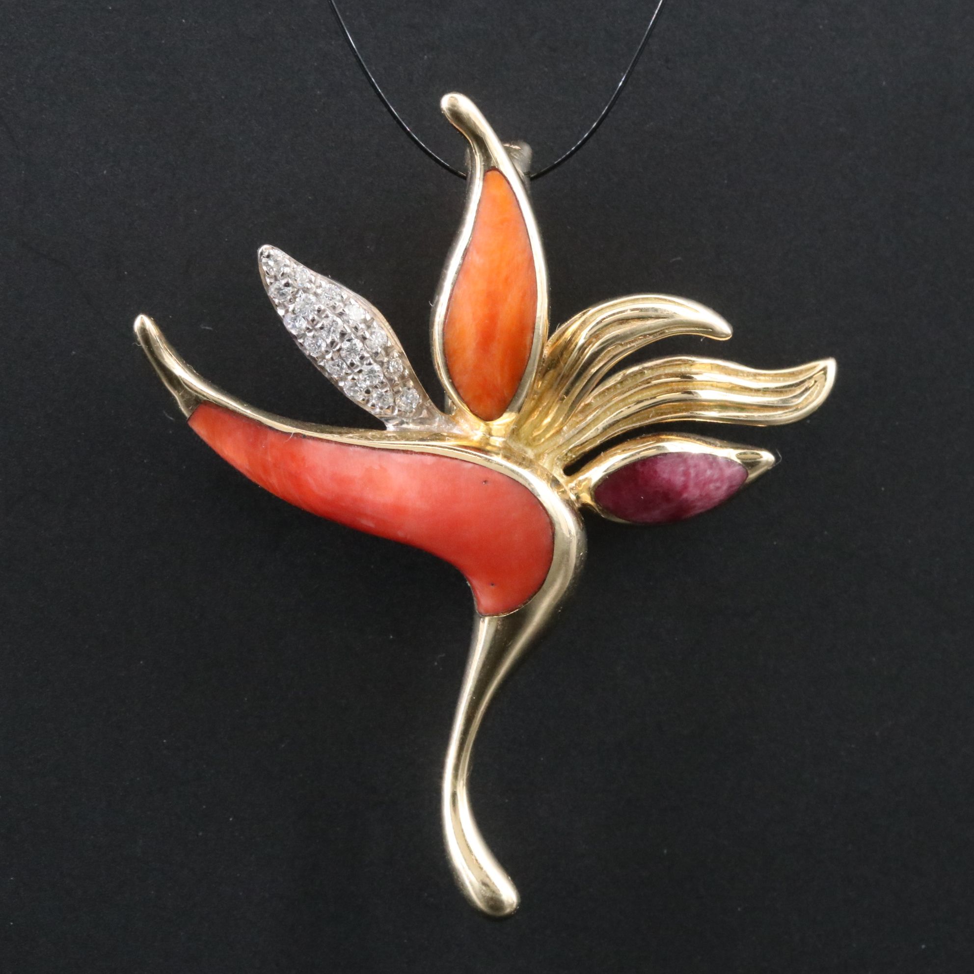 Na Hoku 14K Diamond and Spiny Oyster Bird of Paradise Enhancer Pendant