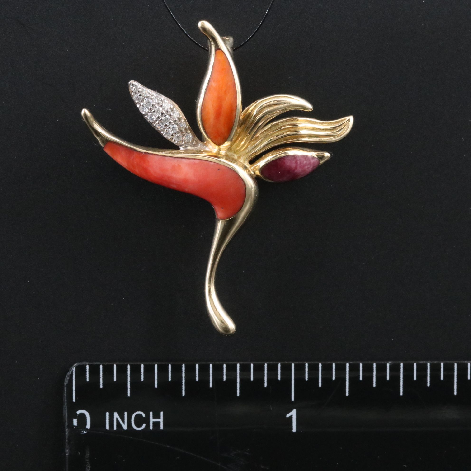 Na Hoku 14K Diamond and Spiny Oyster Bird of Paradise Enhancer Pendant