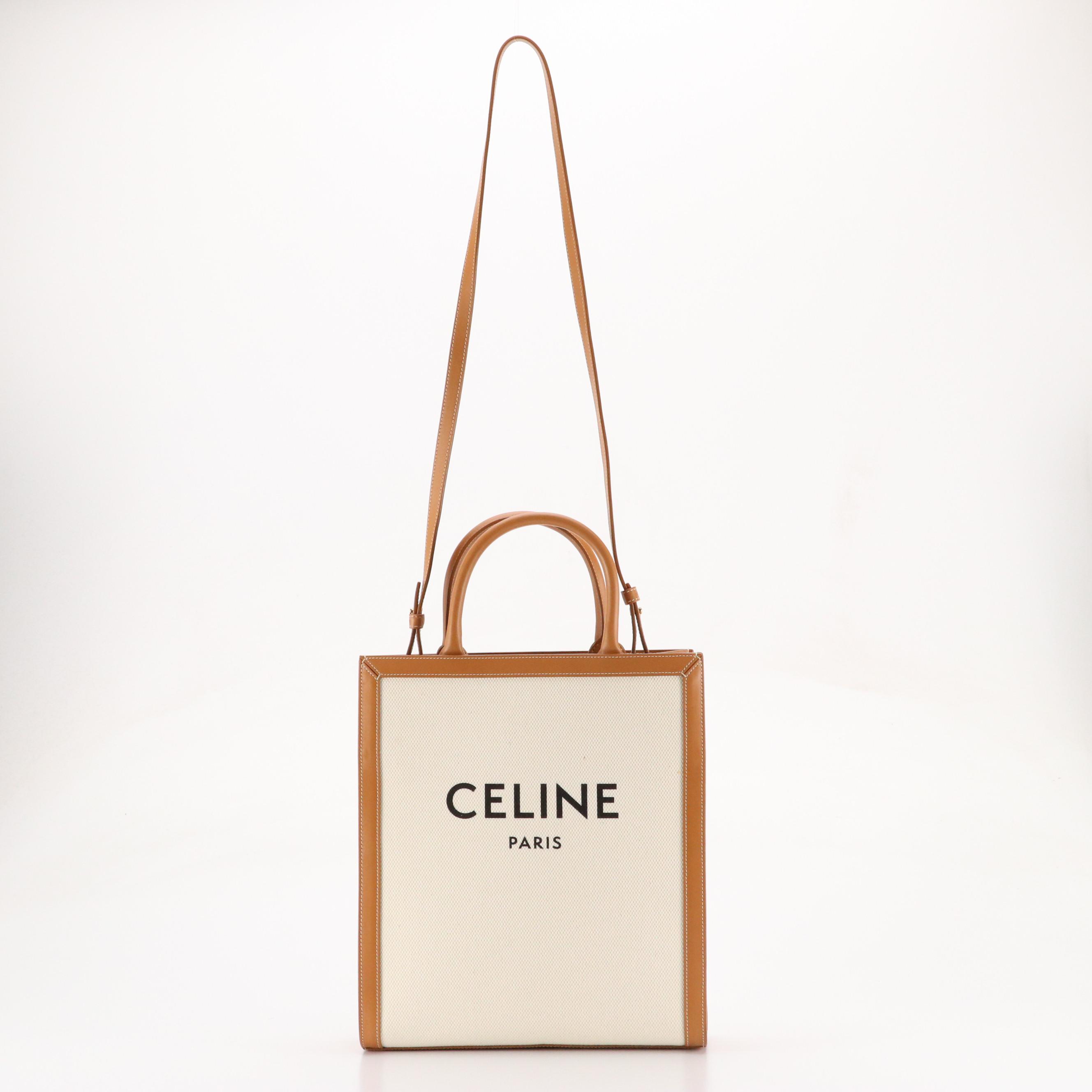 Céline Vertical Cabas Two-Way Tote in White Canvas and Brown Leather Trim