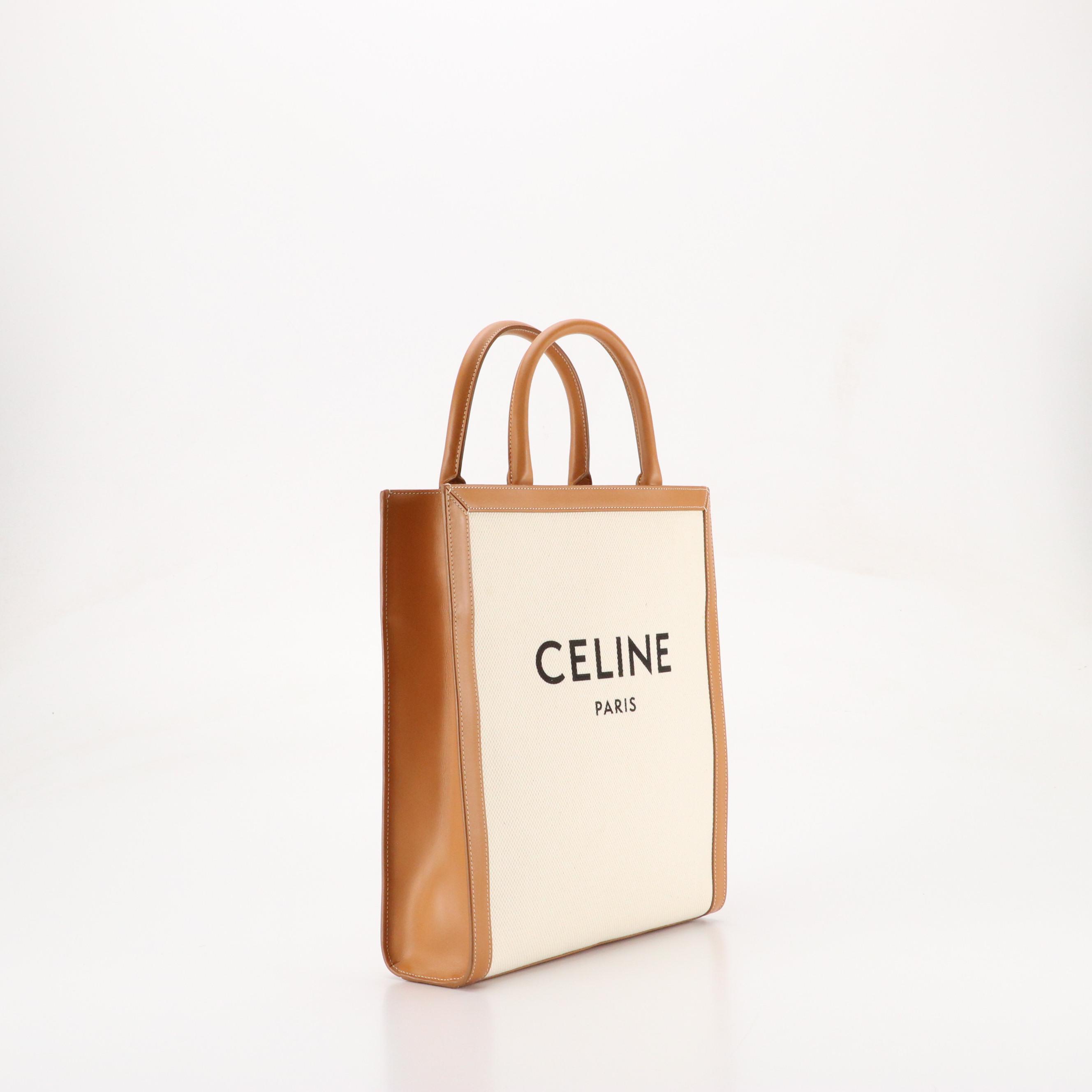 Céline Vertical Cabas Two-Way Tote in White Canvas and Brown Leather Trim