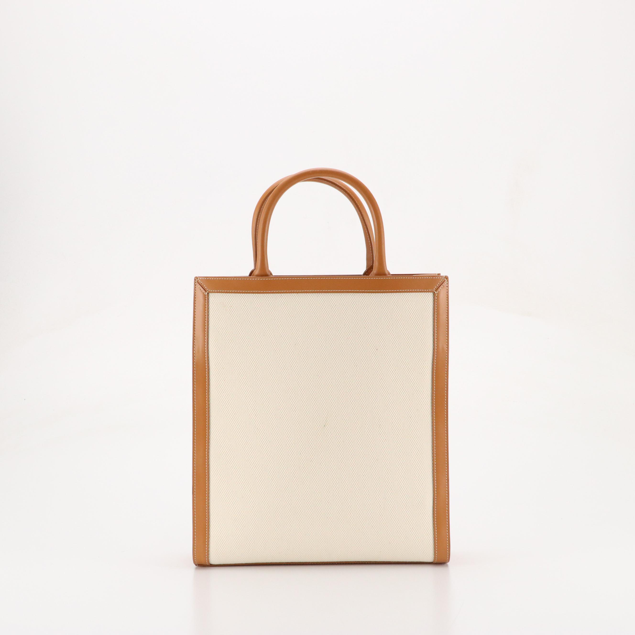 Céline Vertical Cabas Two-Way Tote in White Canvas and Brown Leather Trim