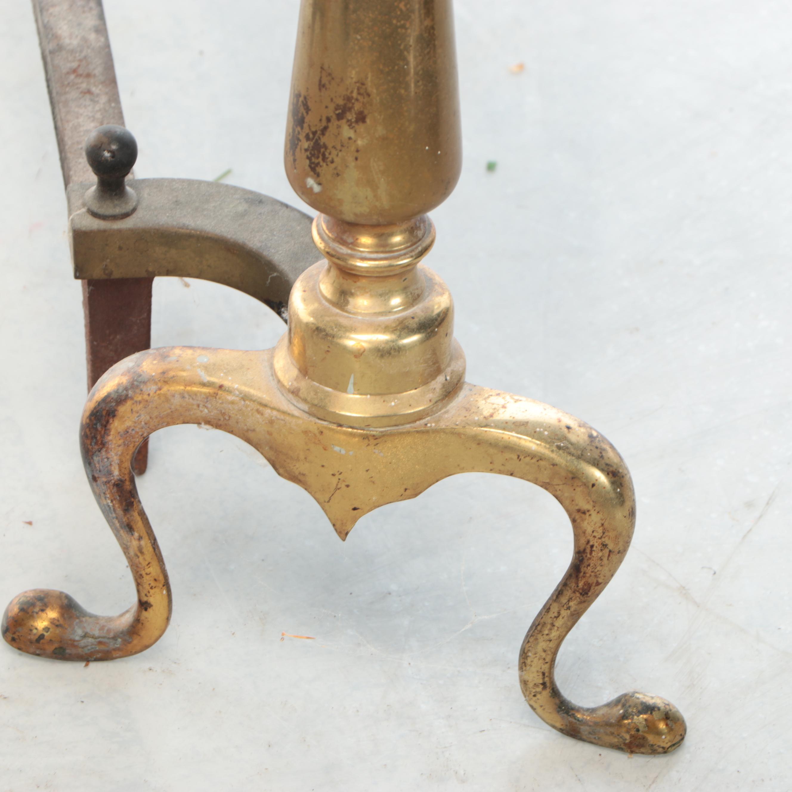 Chippendale Style Brass Cannonball Andirons with Pierced Metal Fender