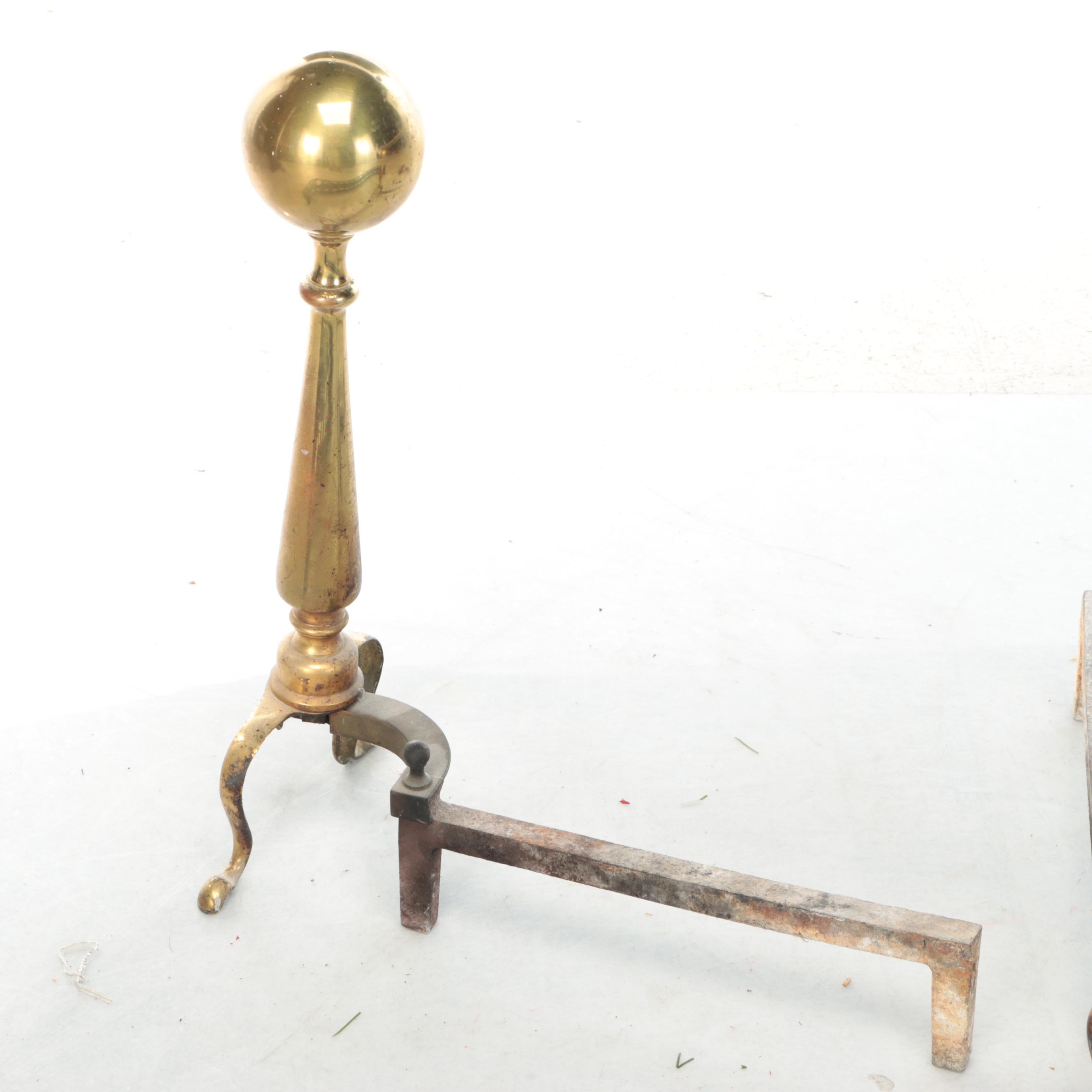 Chippendale Style Brass Cannonball Andirons with Pierced Metal Fender