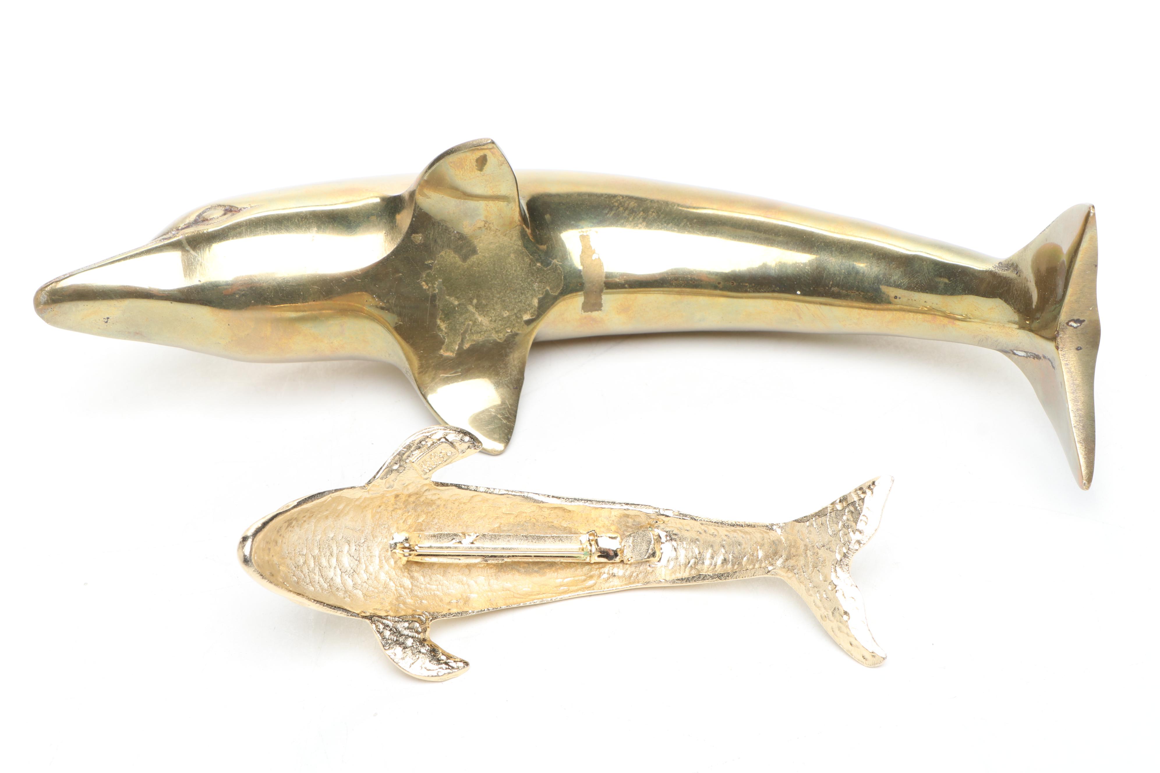 Brass Signed, Door Knockers, Bell, Dolphins and More Decor, Mid to Late 20th C.