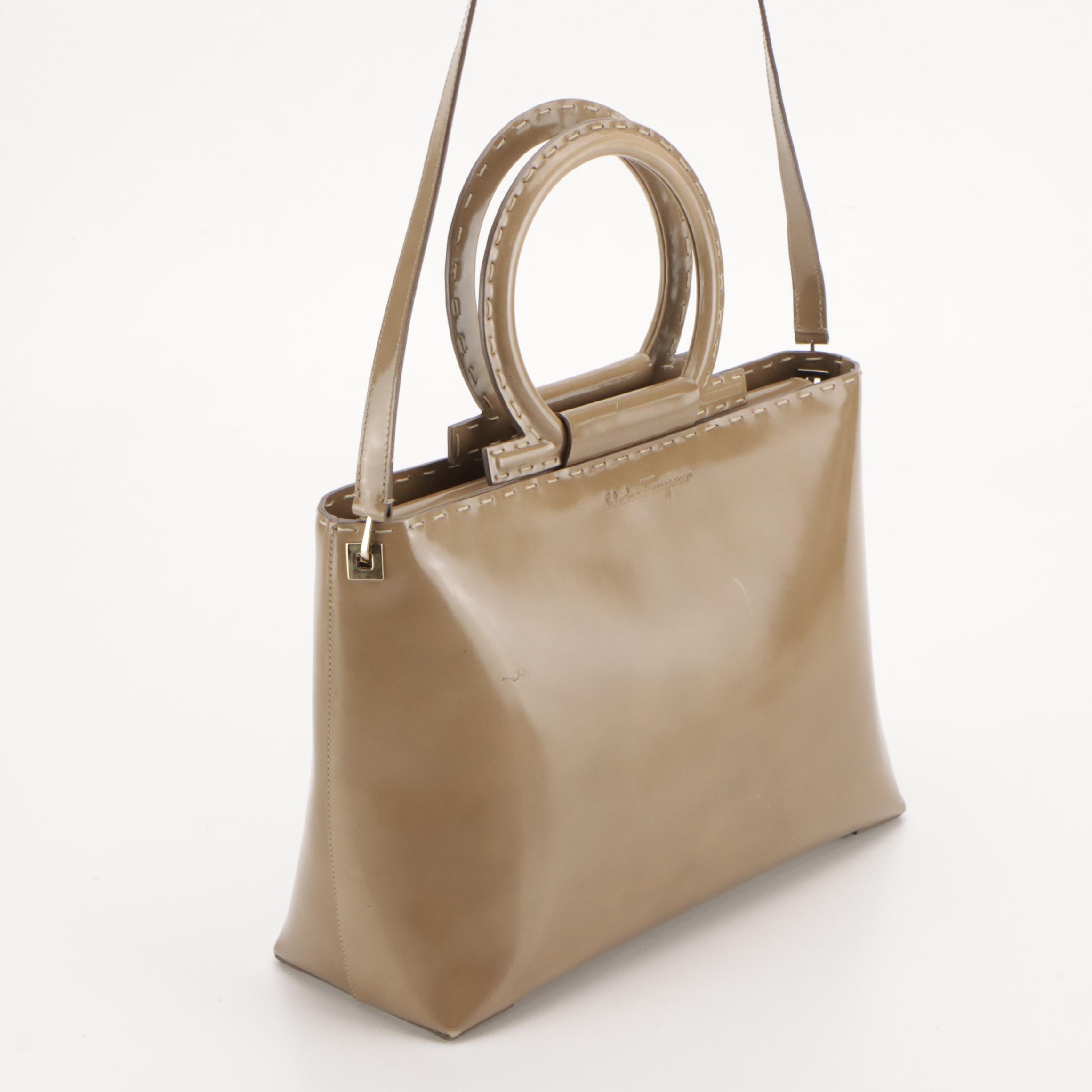 Salvatore Ferragamo Gancini Top Handle Two-Way Bag in Beige Glossy Leather