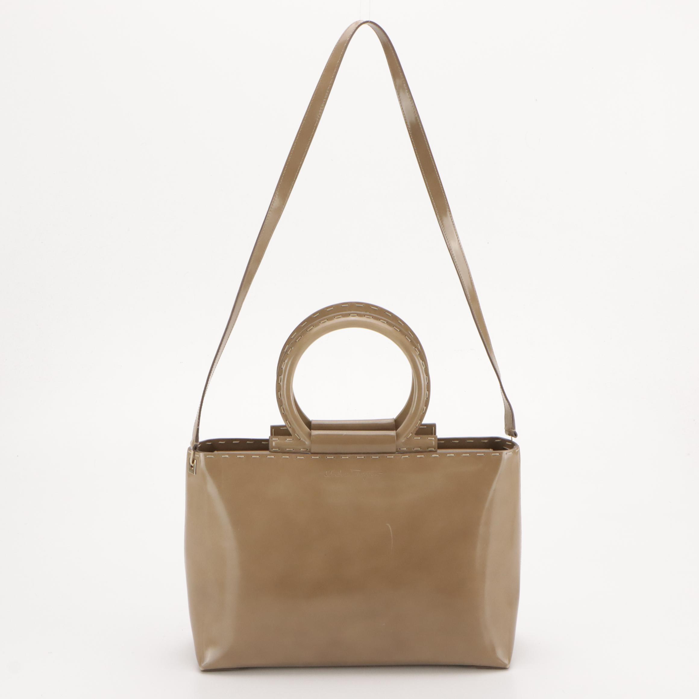 Salvatore Ferragamo Gancini Top Handle Two-Way Bag in Beige Glossy Leather