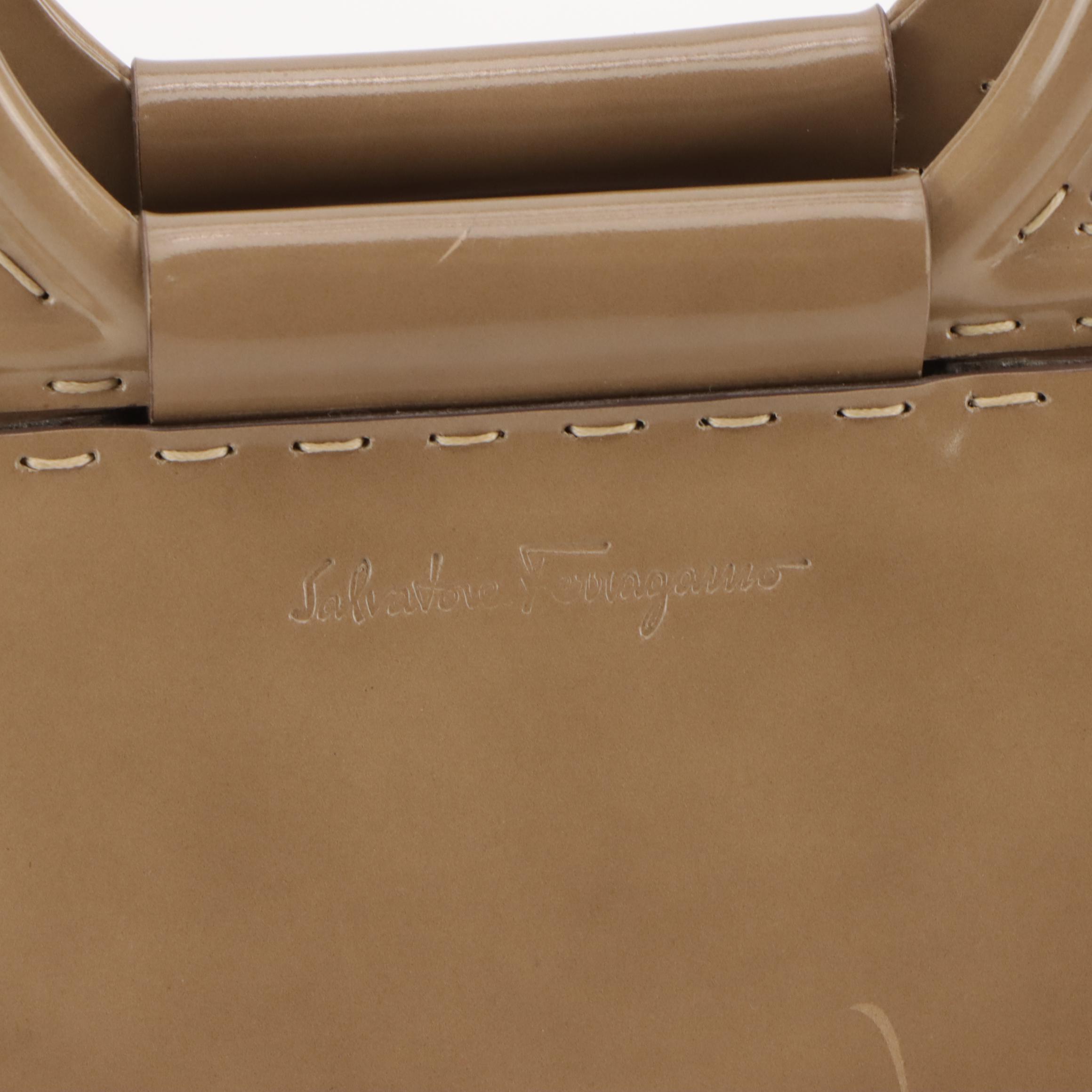 Salvatore Ferragamo Gancini Top Handle Two-Way Bag in Beige Glossy Leather