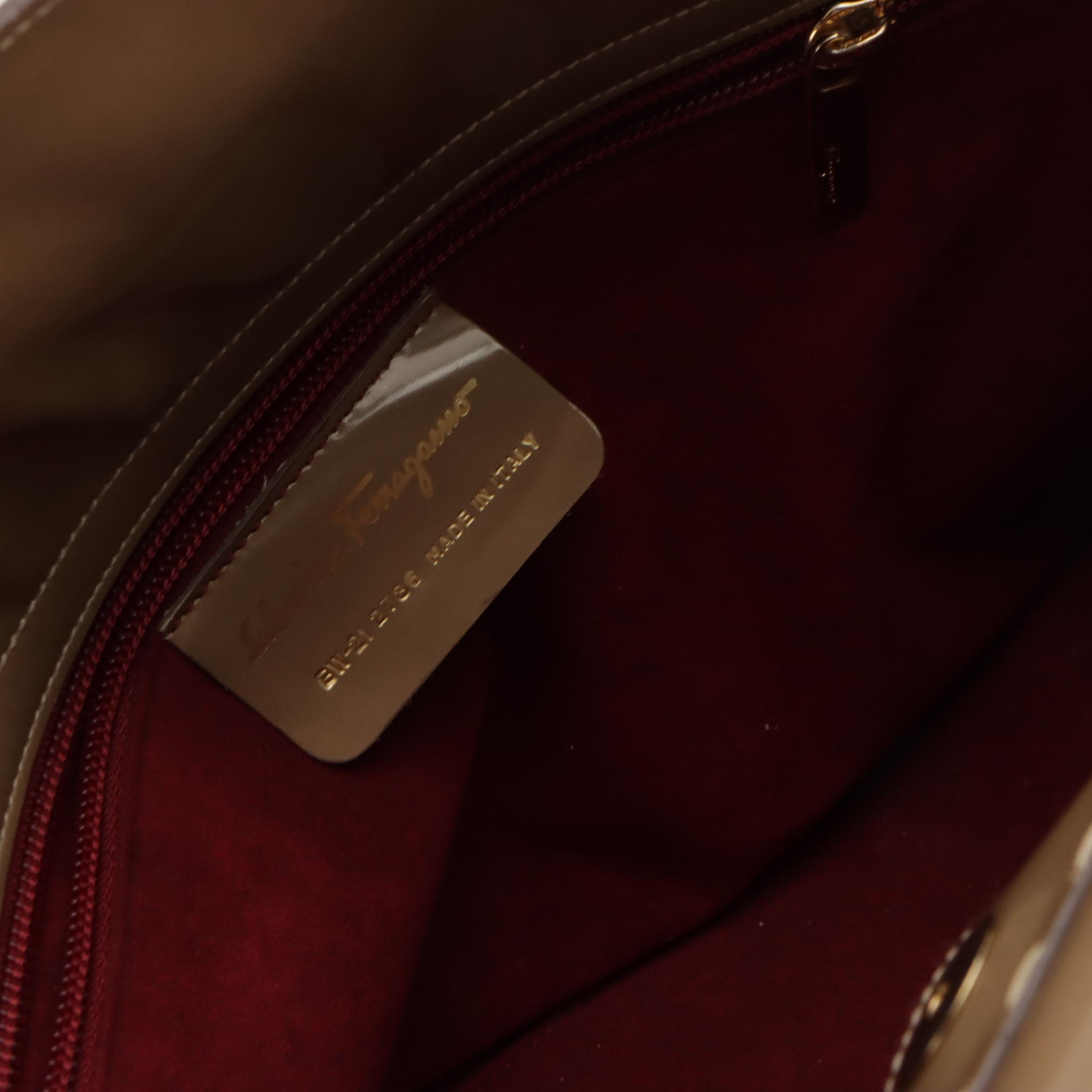 Salvatore Ferragamo Gancini Top Handle Two-Way Bag in Beige Glossy Leather