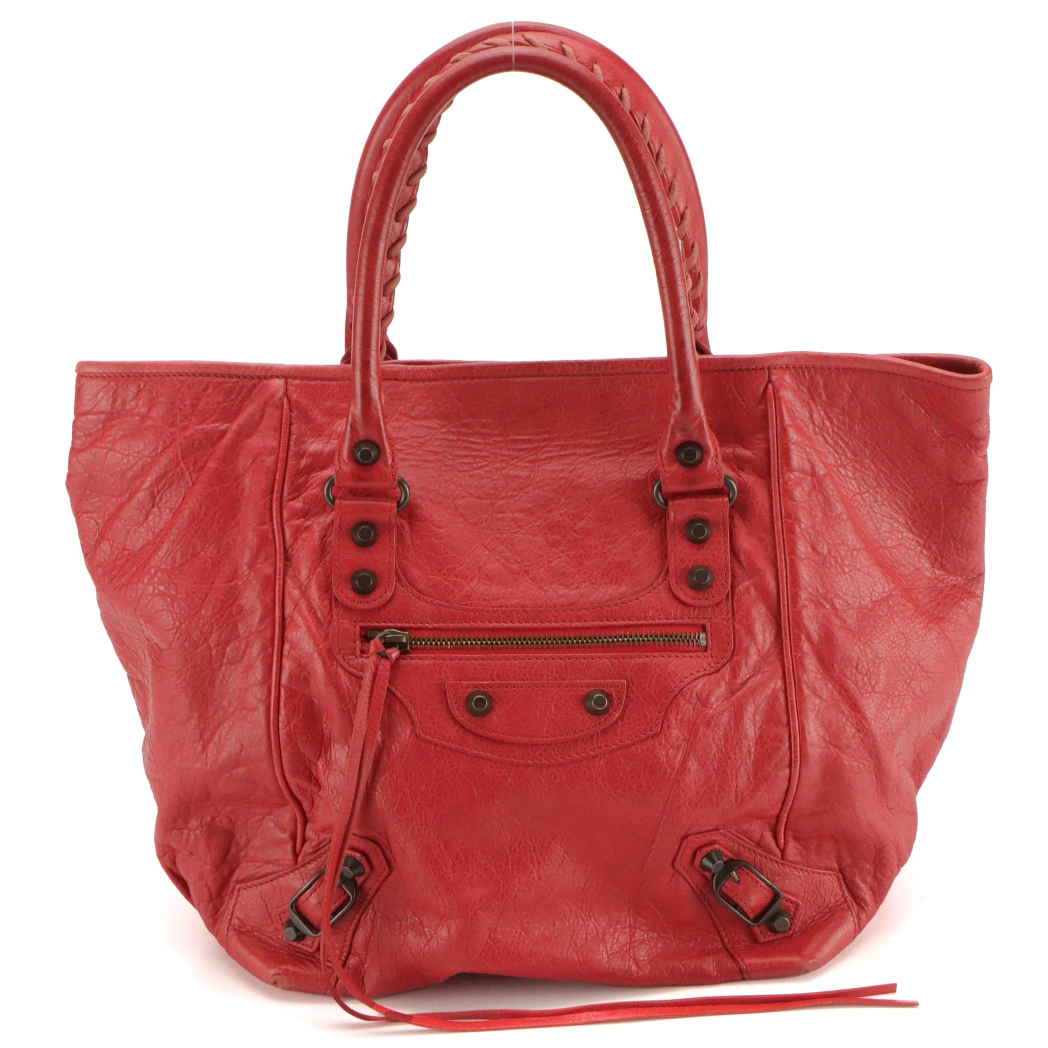 Balenciaga Sunday Classic Studs Tote in Red Distressed Lambskin Leather