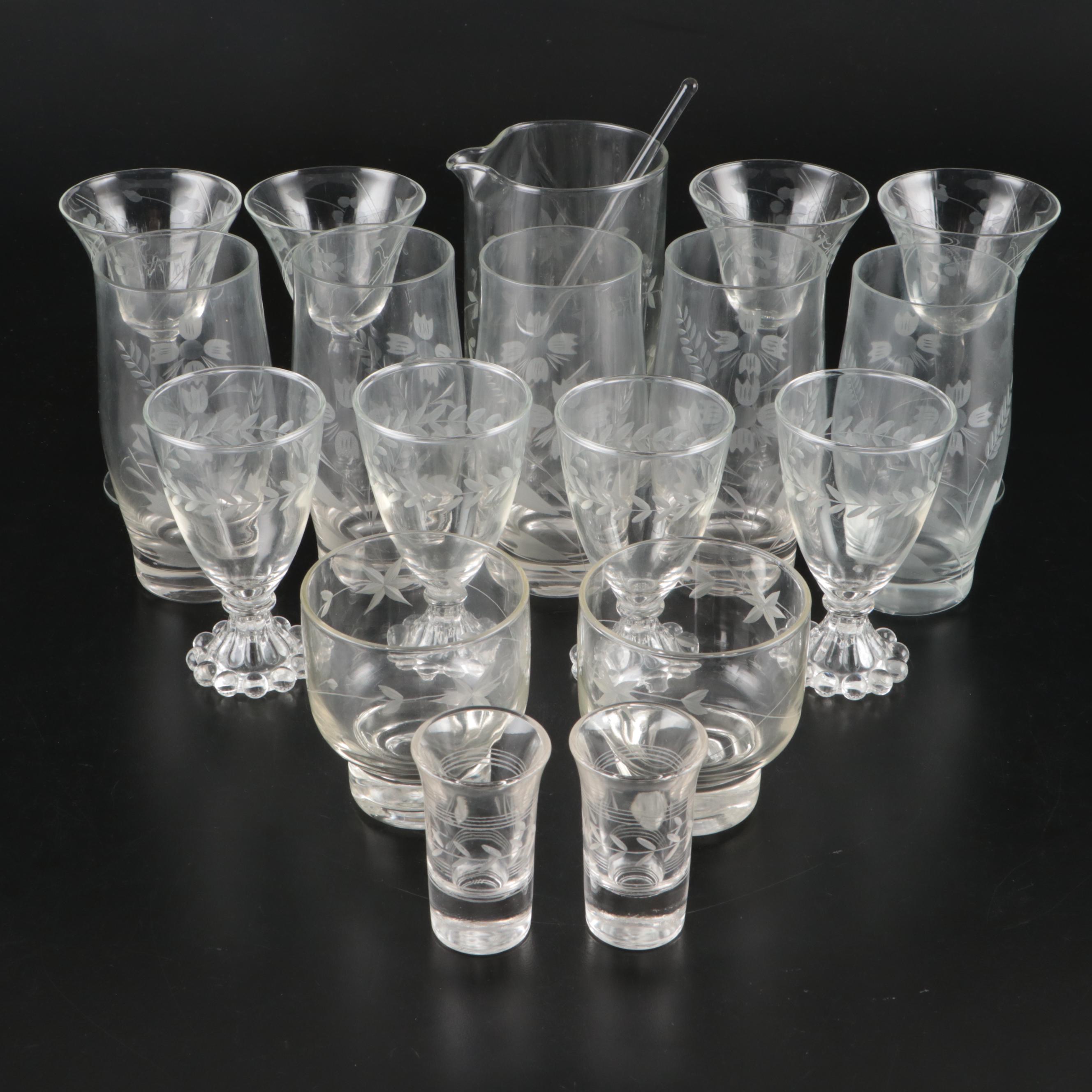 Etched Glass Stemware, Cocktail Pitcher, and More Barware