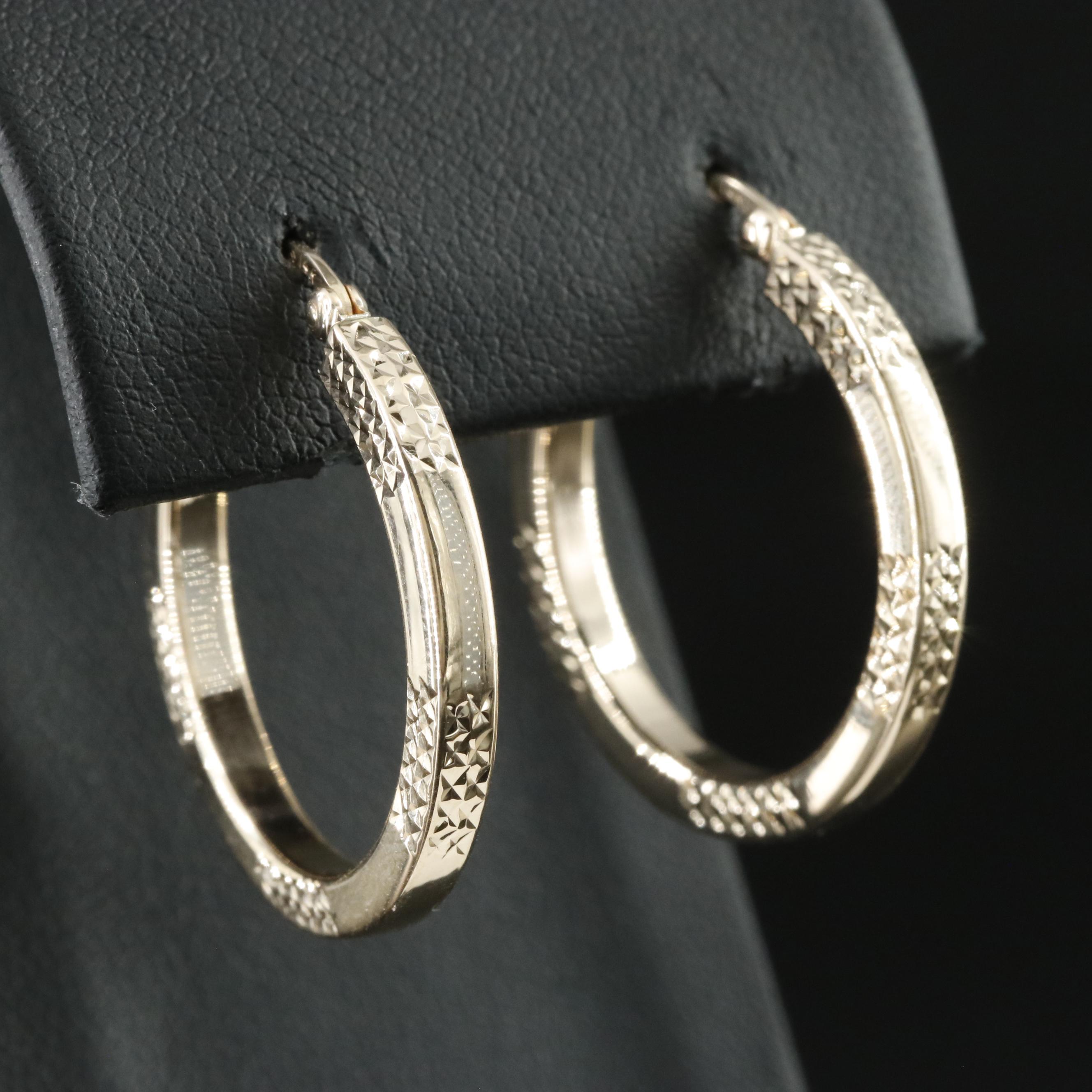 14K Hoop Earrings with Diamond-Cut Accents