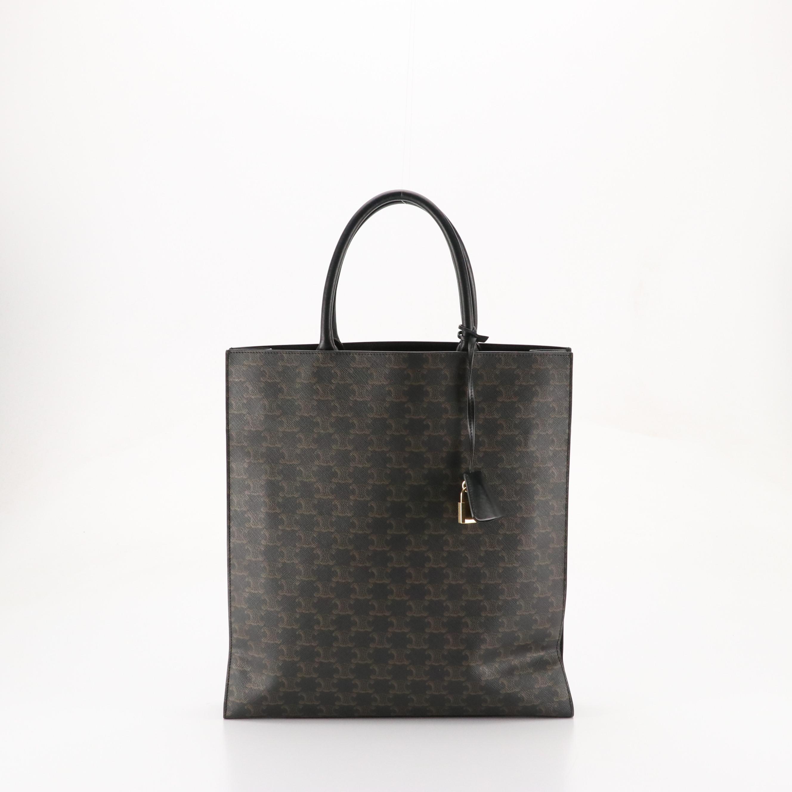 Celine Vertical Cabas Shopper Tote in Black Triomphe Coated Canvas and Leather