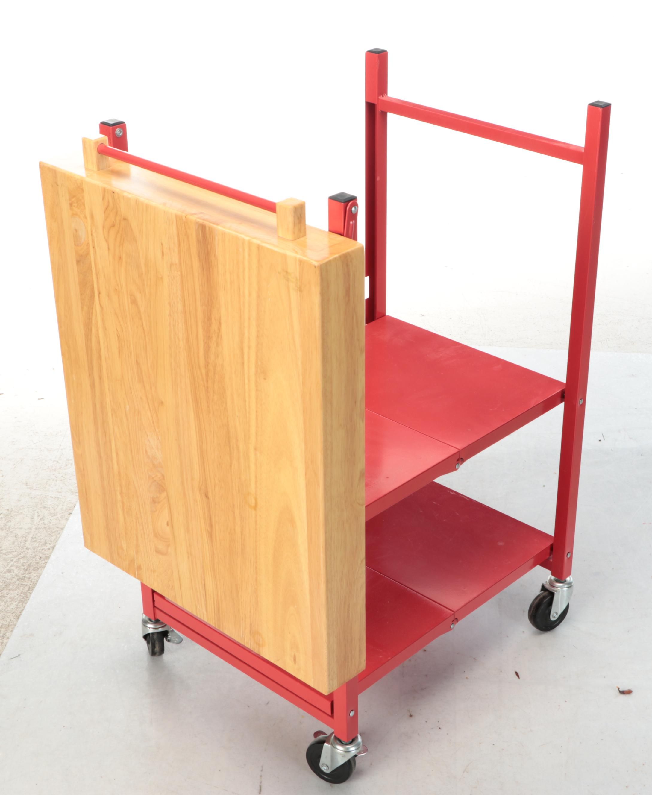 Origami Foldout Metal and Wooden Kitchen Island Serving Cart