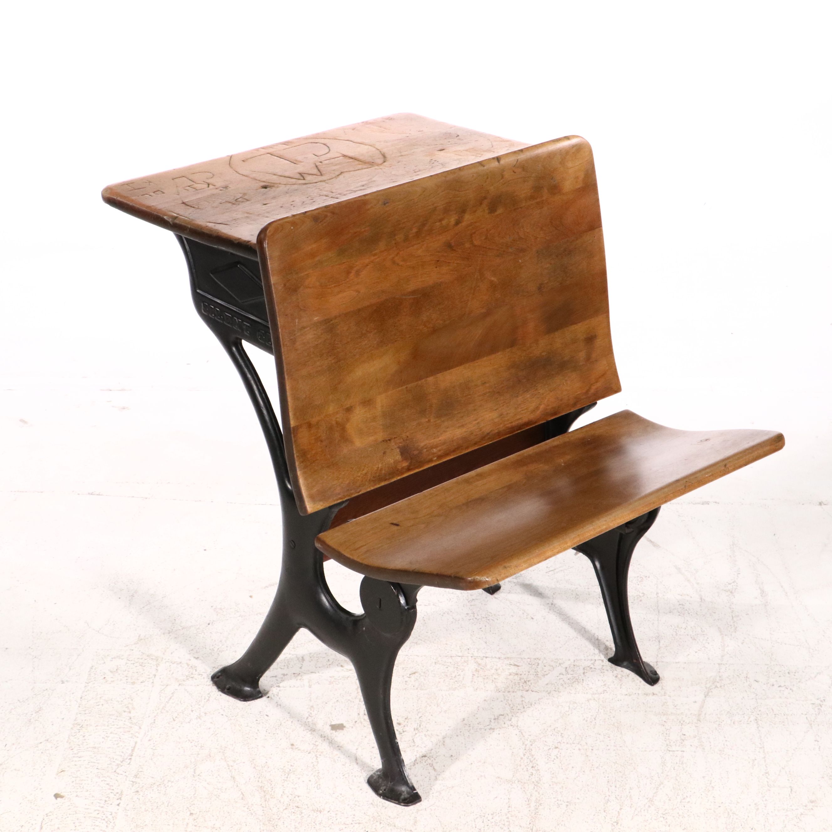 Two Metal and Wood Student Desks with Folding Seats, Late 19th Century