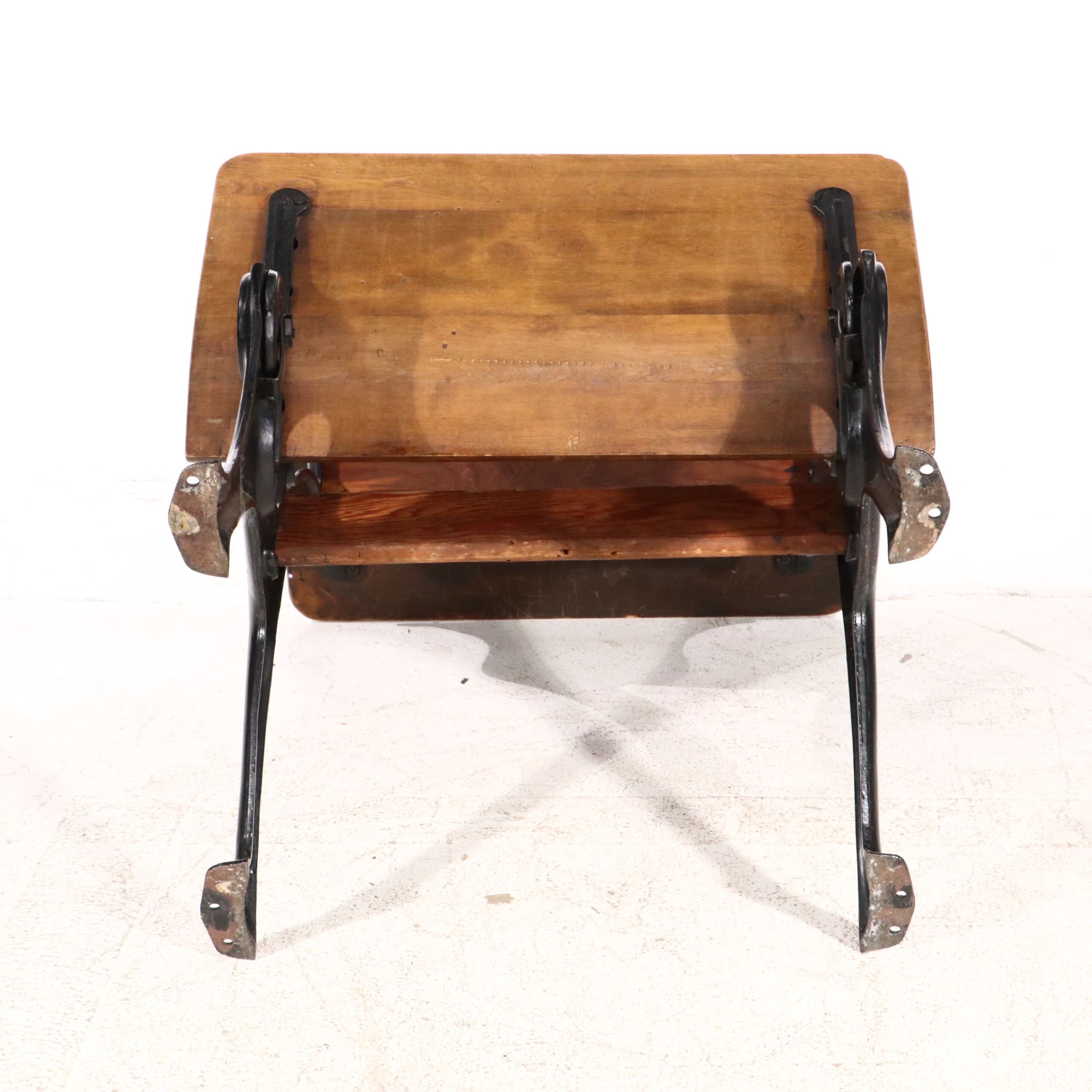Two Metal and Wood Student Desks with Folding Seats, Late 19th Century