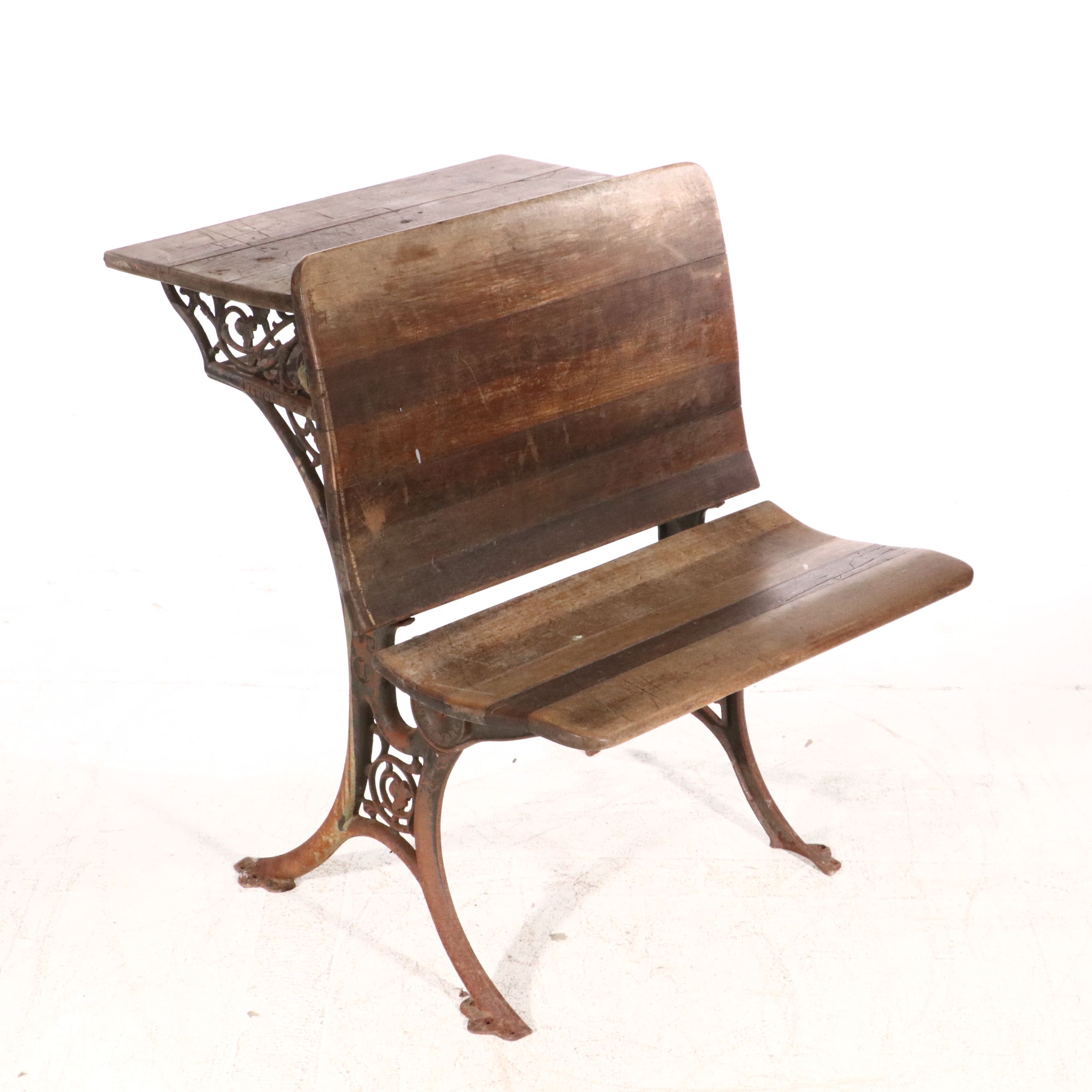 Two Metal and Wood Student Desks with Folding Seats, Late 19th Century