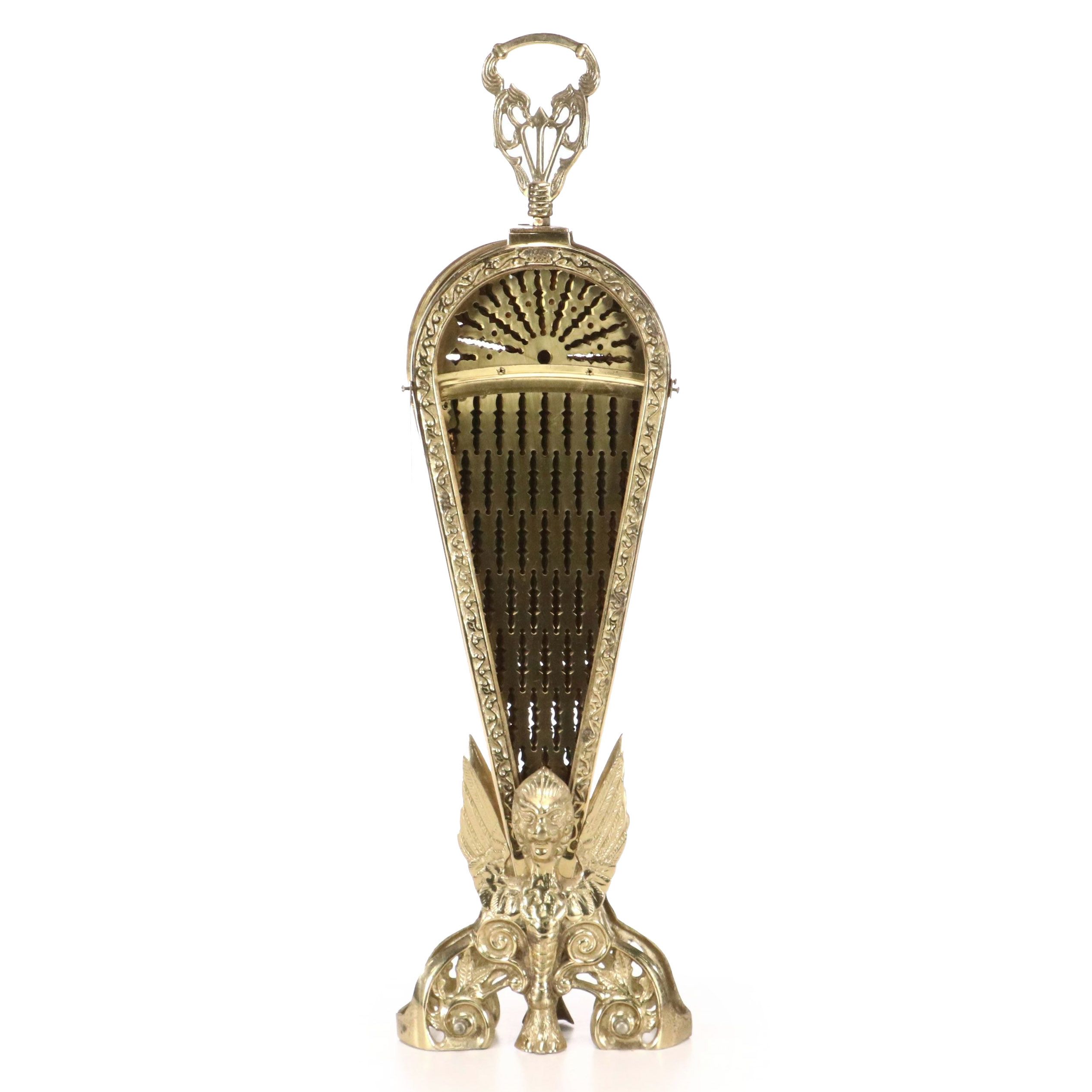 Victorian Style Cast Brass Peacock Fan Fireplace Screen with Gargoyle Base