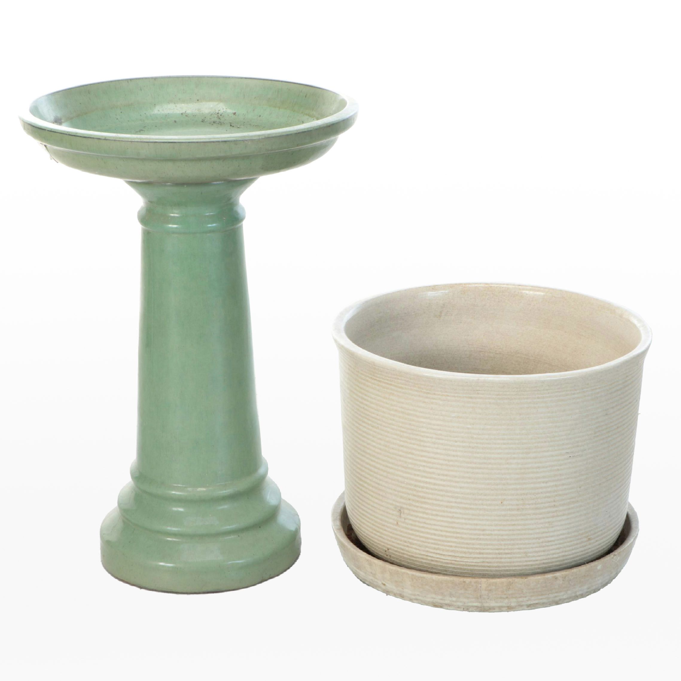 Green Glazed Ceramic Bird Bath with Outdoor Planter and Drip Plate