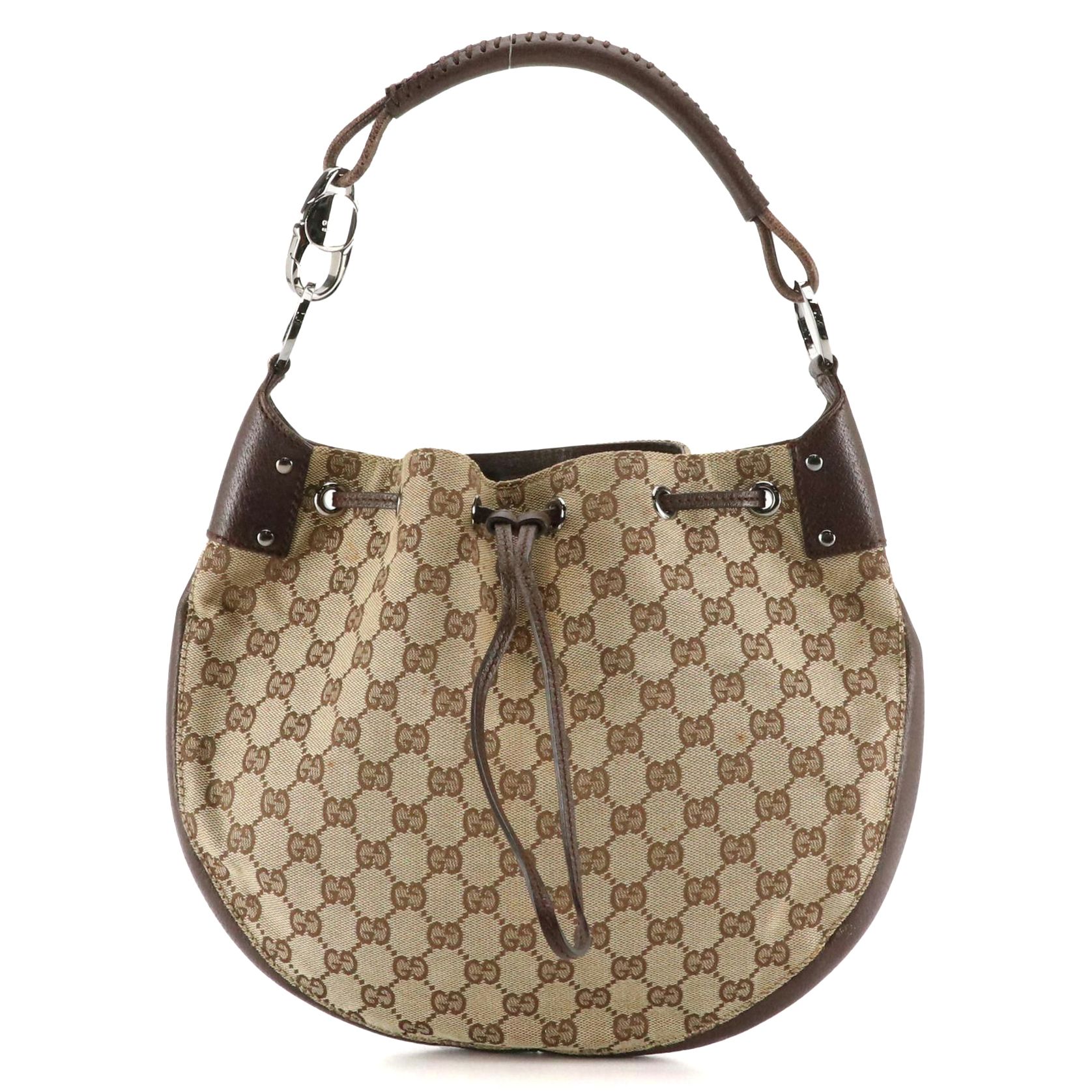 Gucci Drawstring Hobo Bag in GG Canvas and Leather with Whipstitched Handle