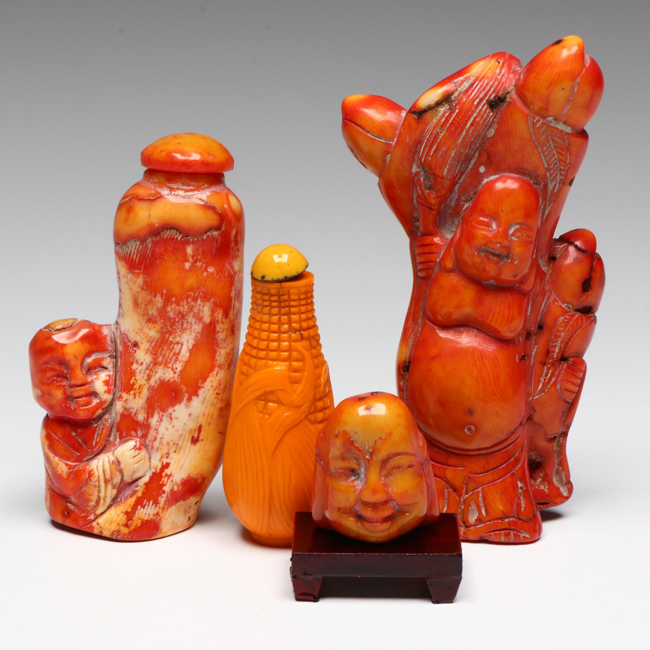 Chinese Coral and Glass Figural Snuff Bottles