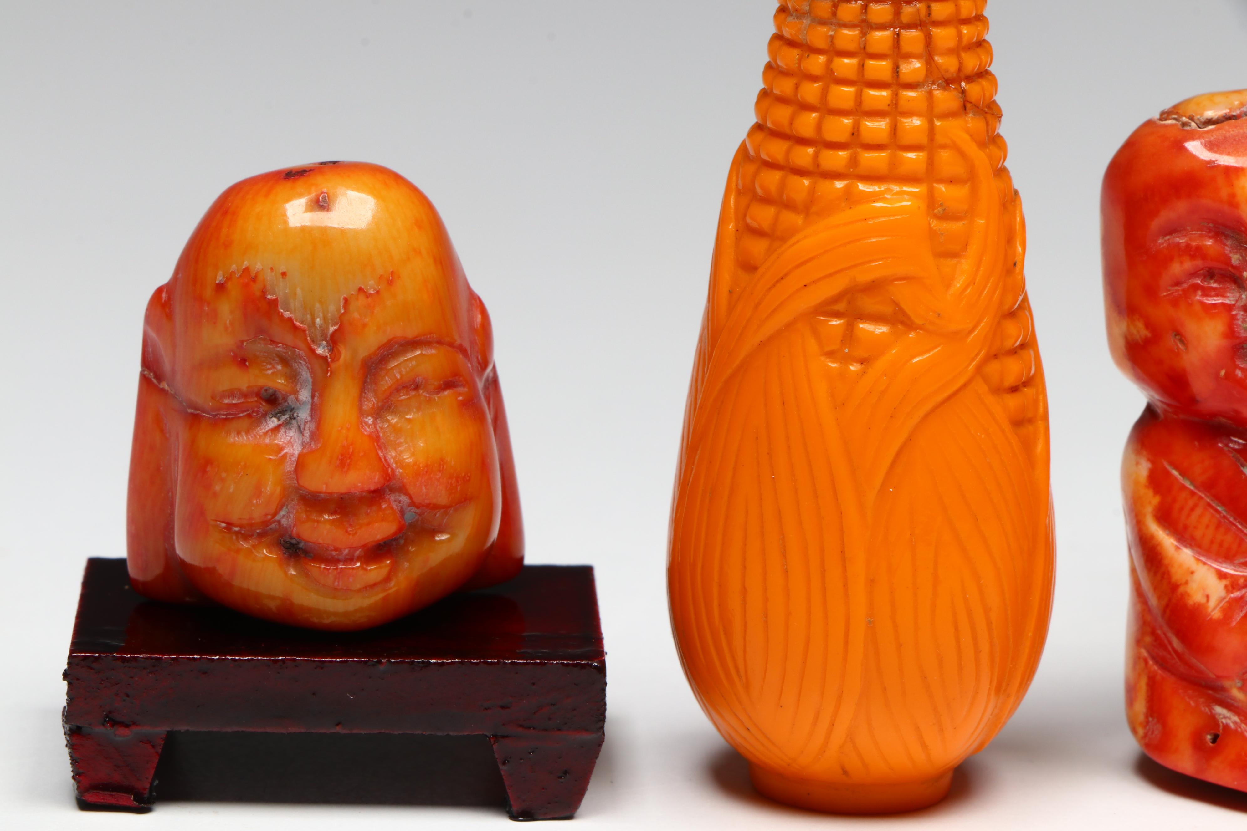 Chinese Coral and Glass Figural Snuff Bottles