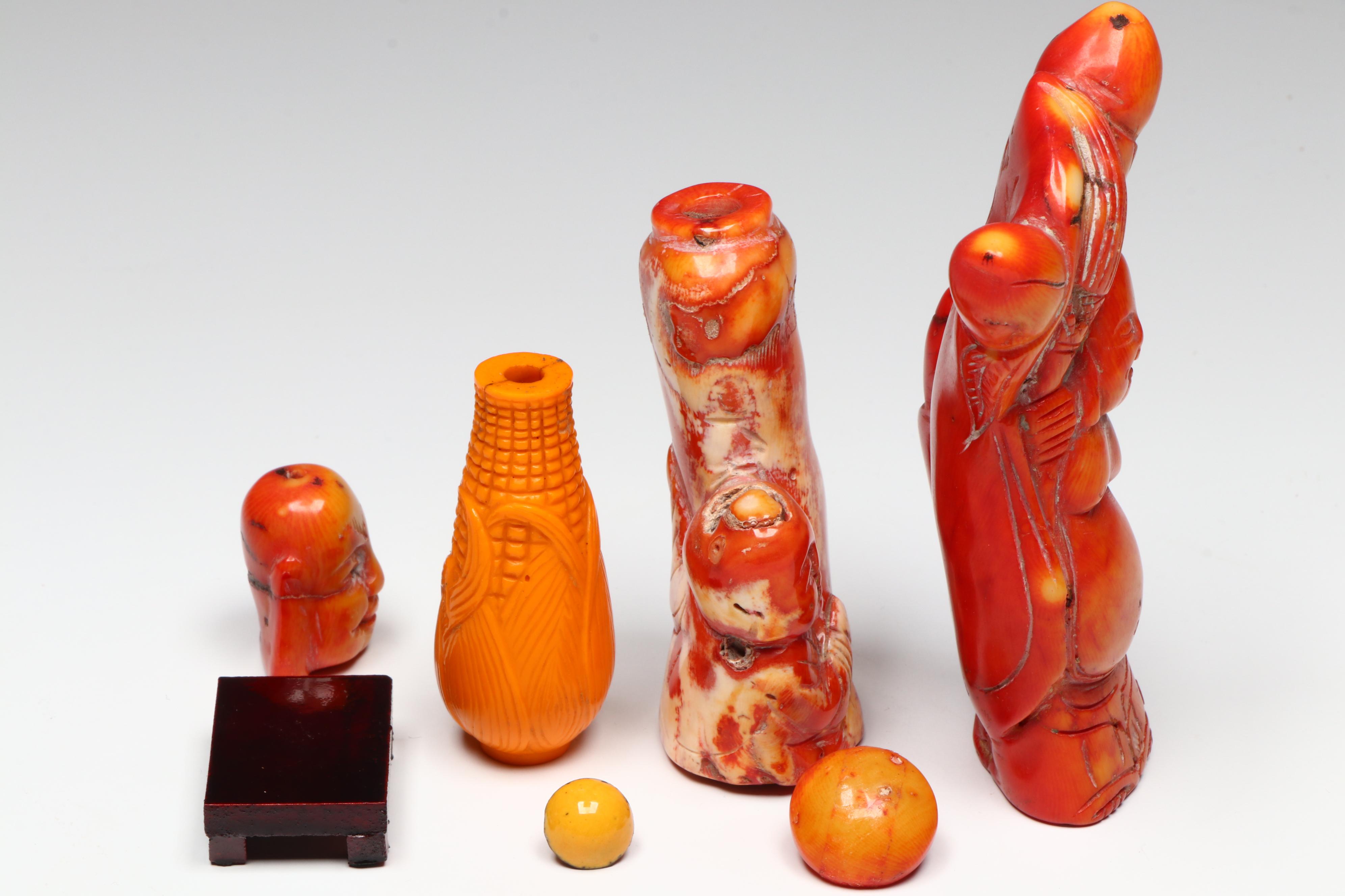 Chinese Coral and Glass Figural Snuff Bottles