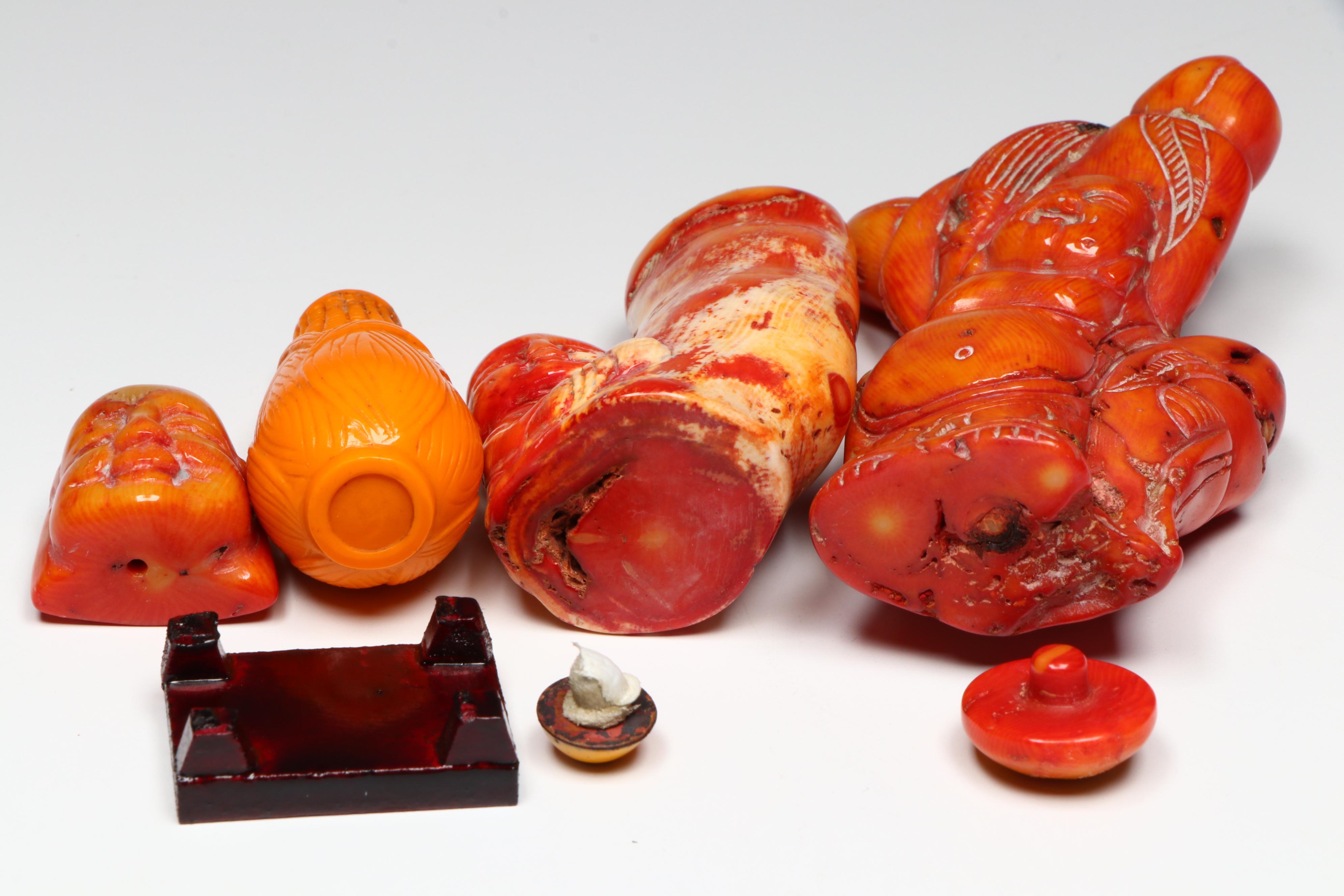 Chinese Coral and Glass Figural Snuff Bottles