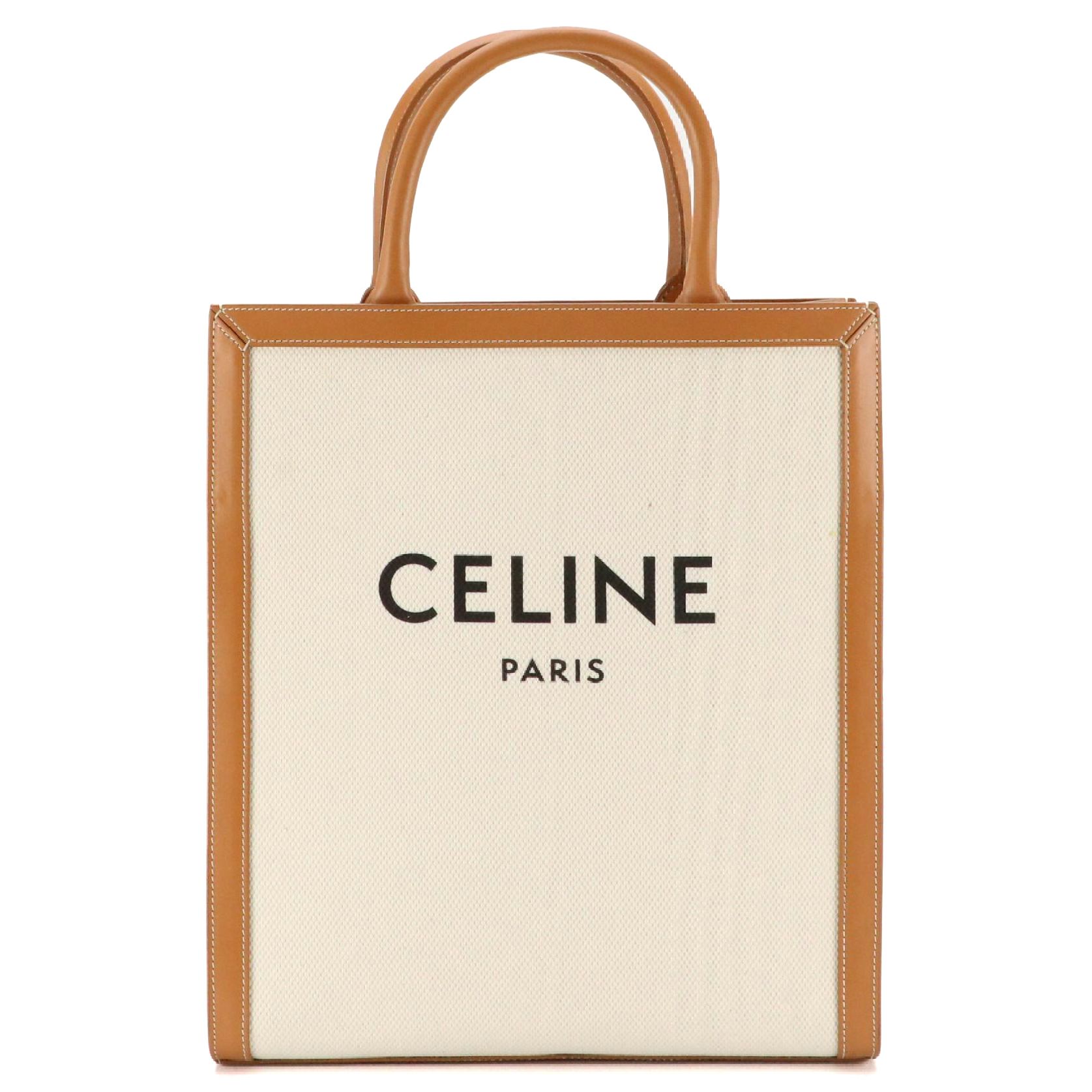 Céline Vertical Cabas Two-Way Tote in White Canvas and Brown Leather Trim