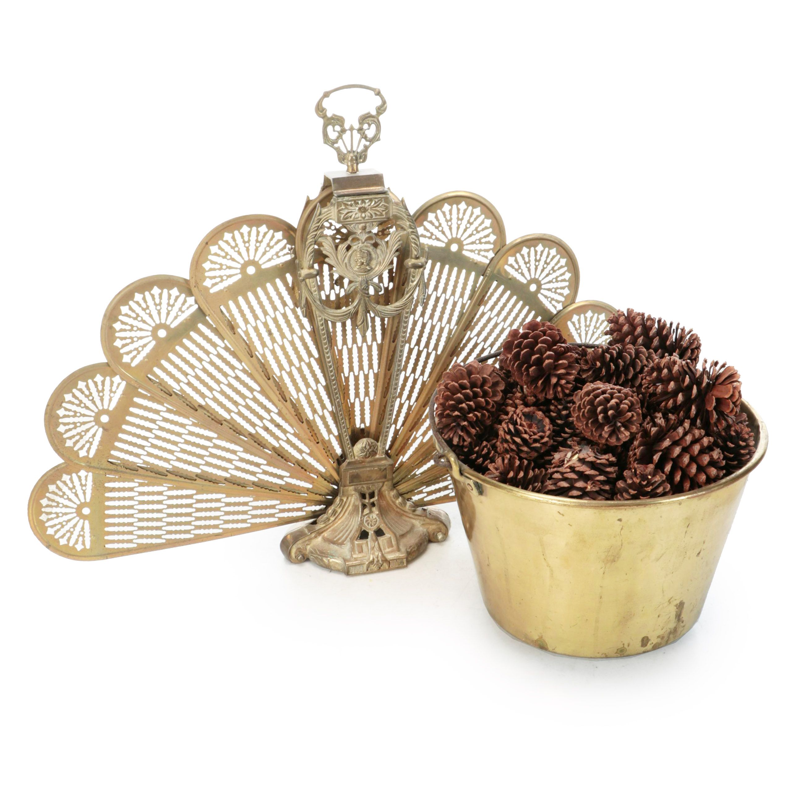 Egyptian Revival Cast Brass Fan Fireplace Screen with Brass Bucket and Pinecones