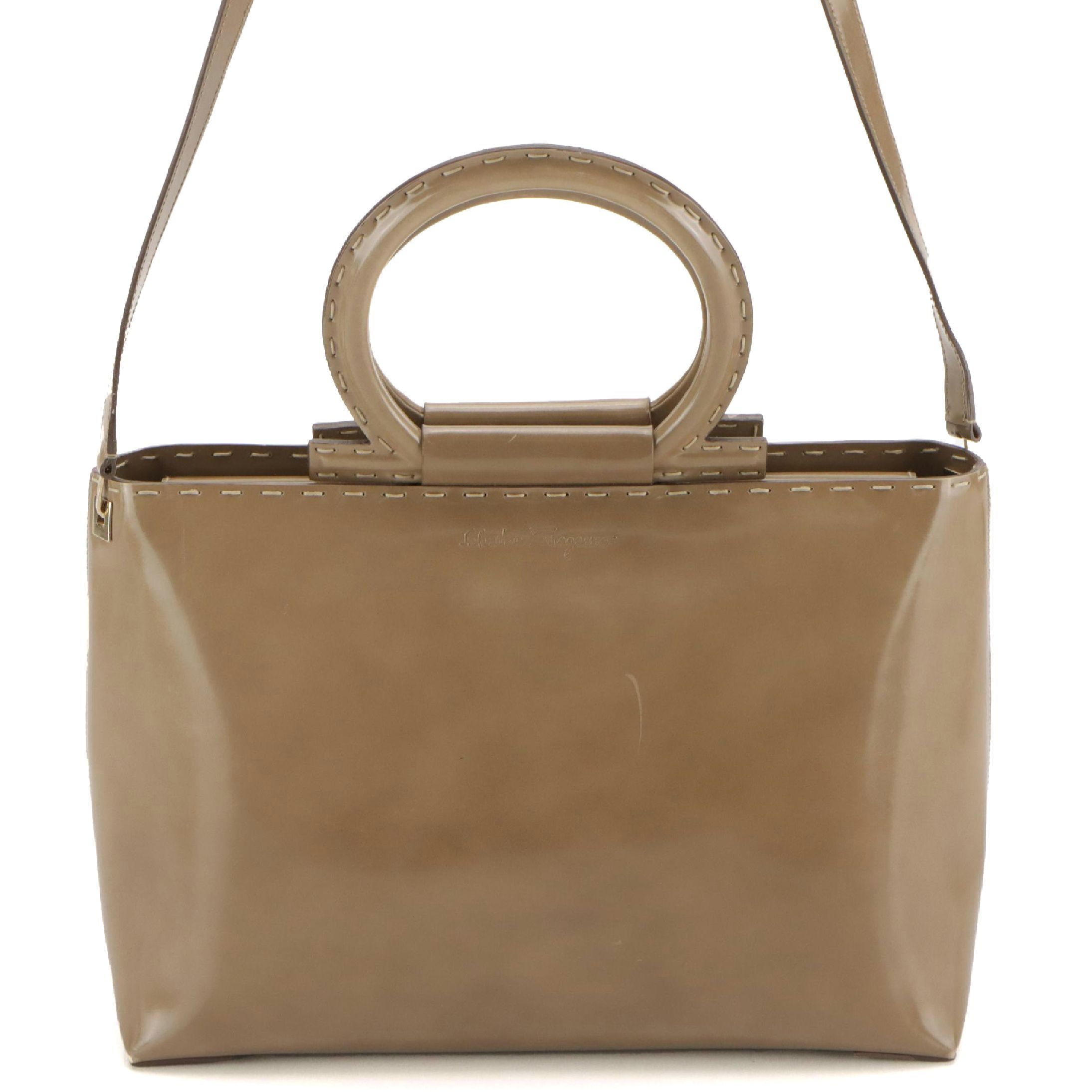 Salvatore Ferragamo Gancini Top Handle Two-Way Bag in Beige Glossy Leather