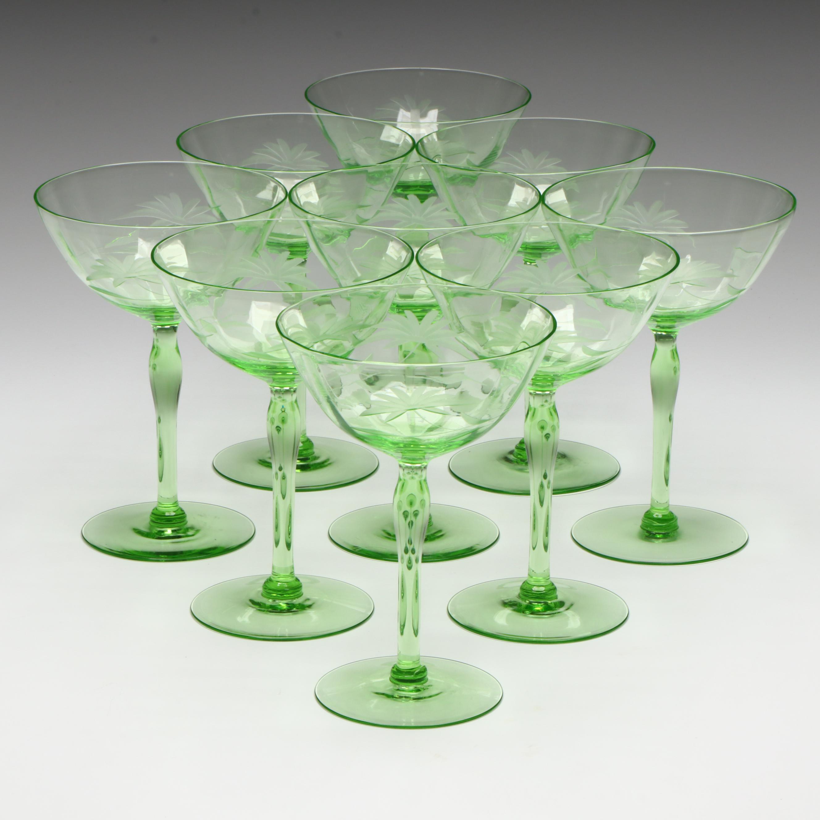 Floral Etched Uranium Glass Champagne Coupes