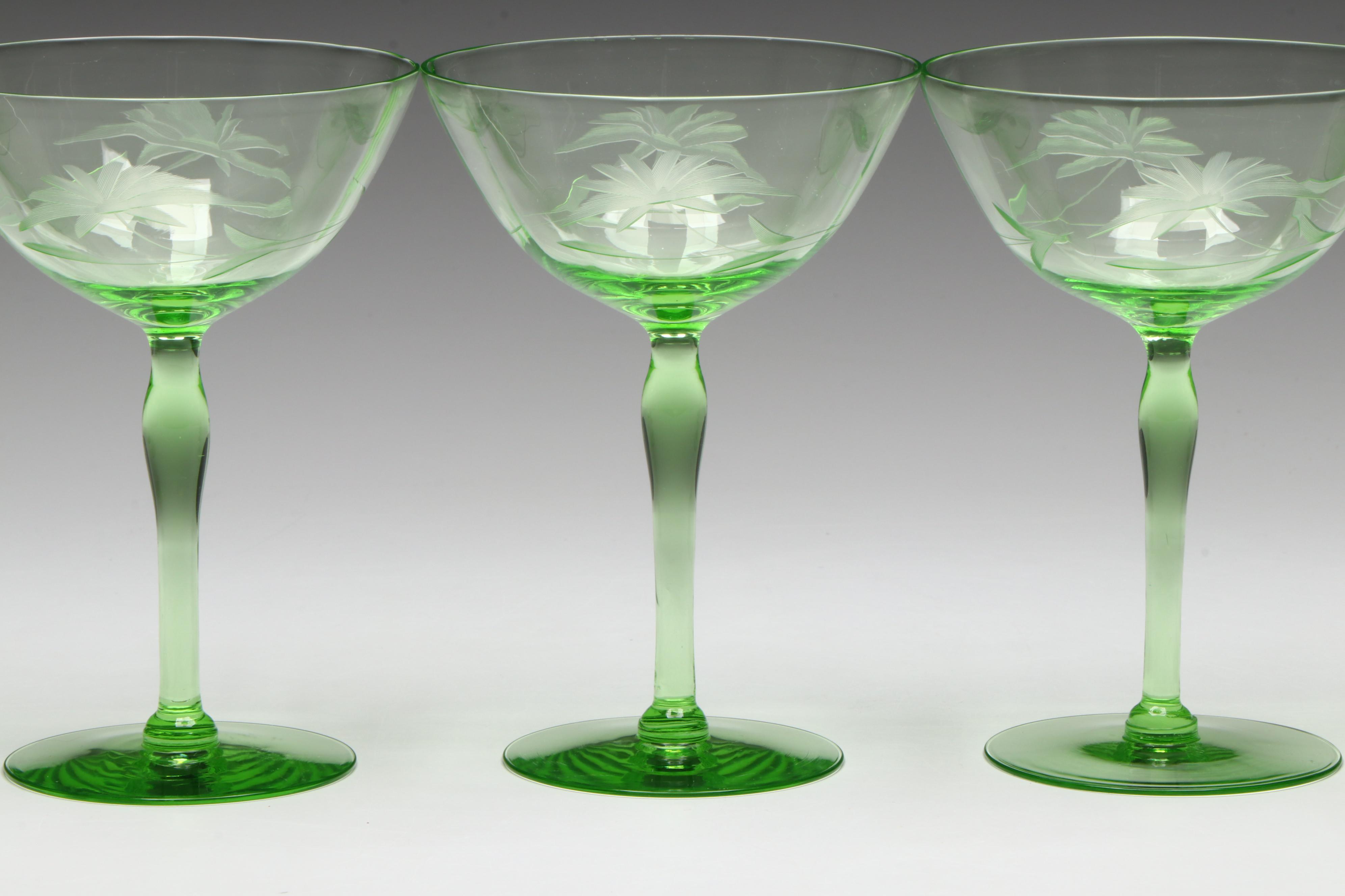 Floral Etched Uranium Glass Champagne Coupes