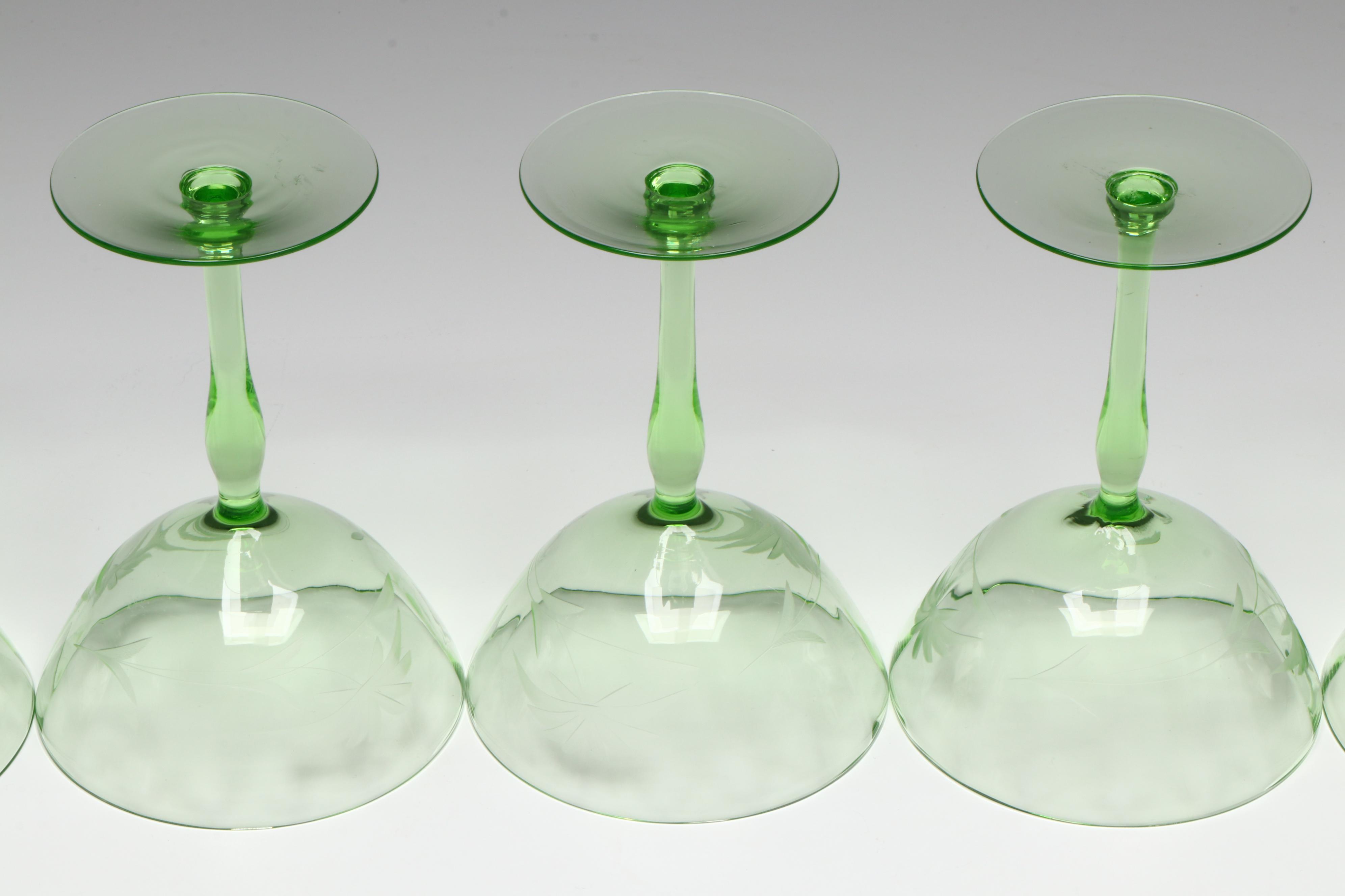 Floral Etched Uranium Glass Champagne Coupes