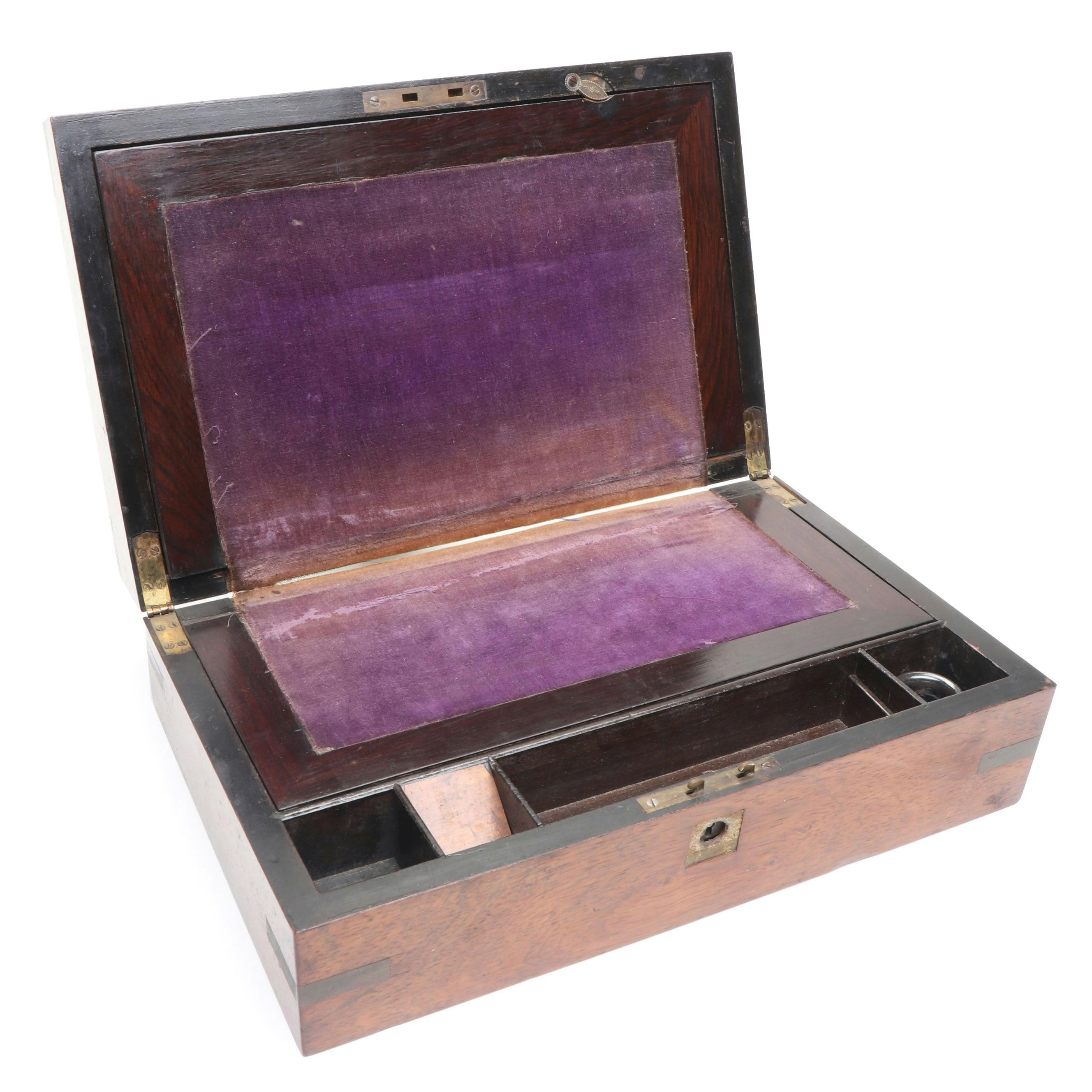 Victorian Rosewood and Brass Inlay Lap Desk, Mid to Late 19th Century