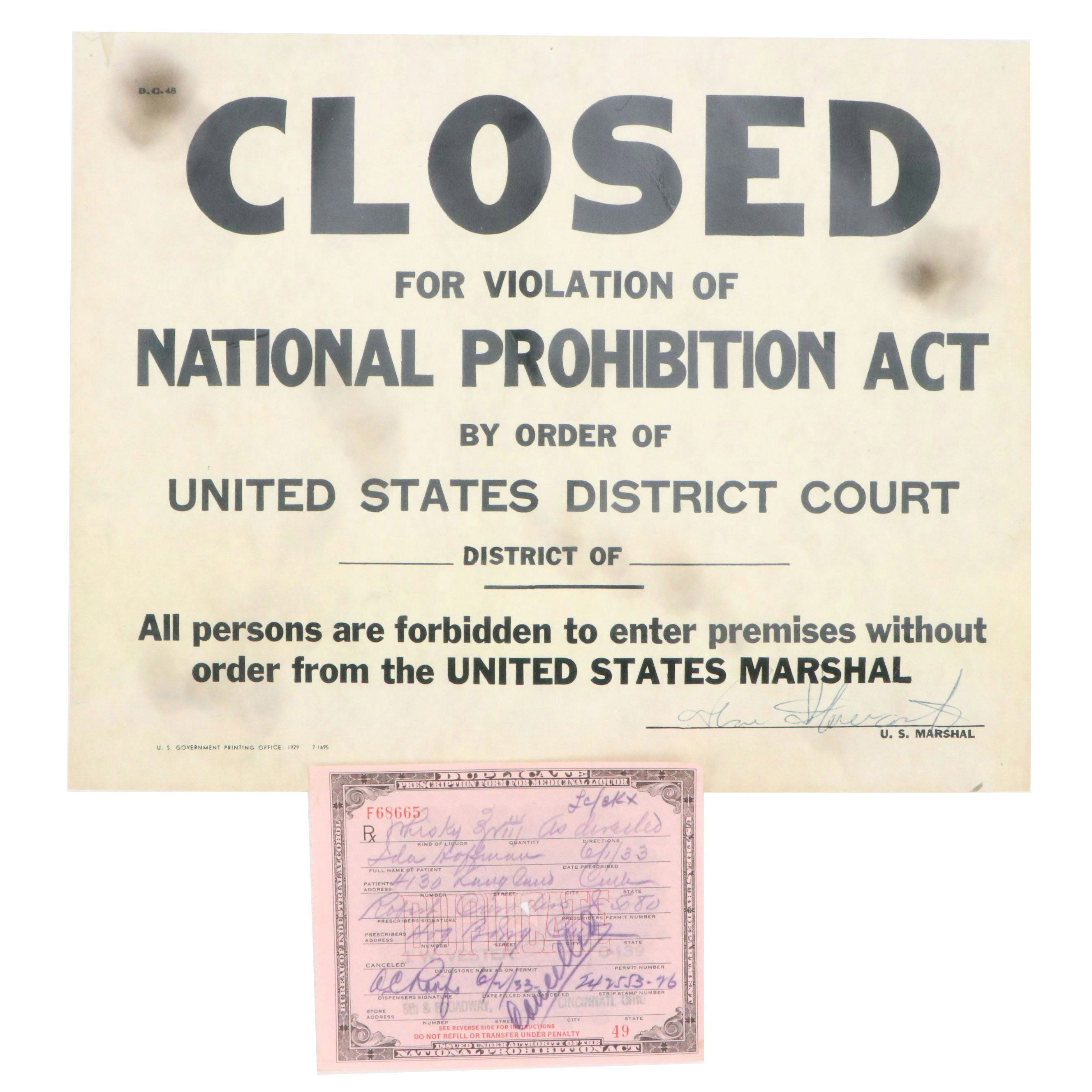 Prohibition Era Whisky Prescription Form with Reproduction Sign