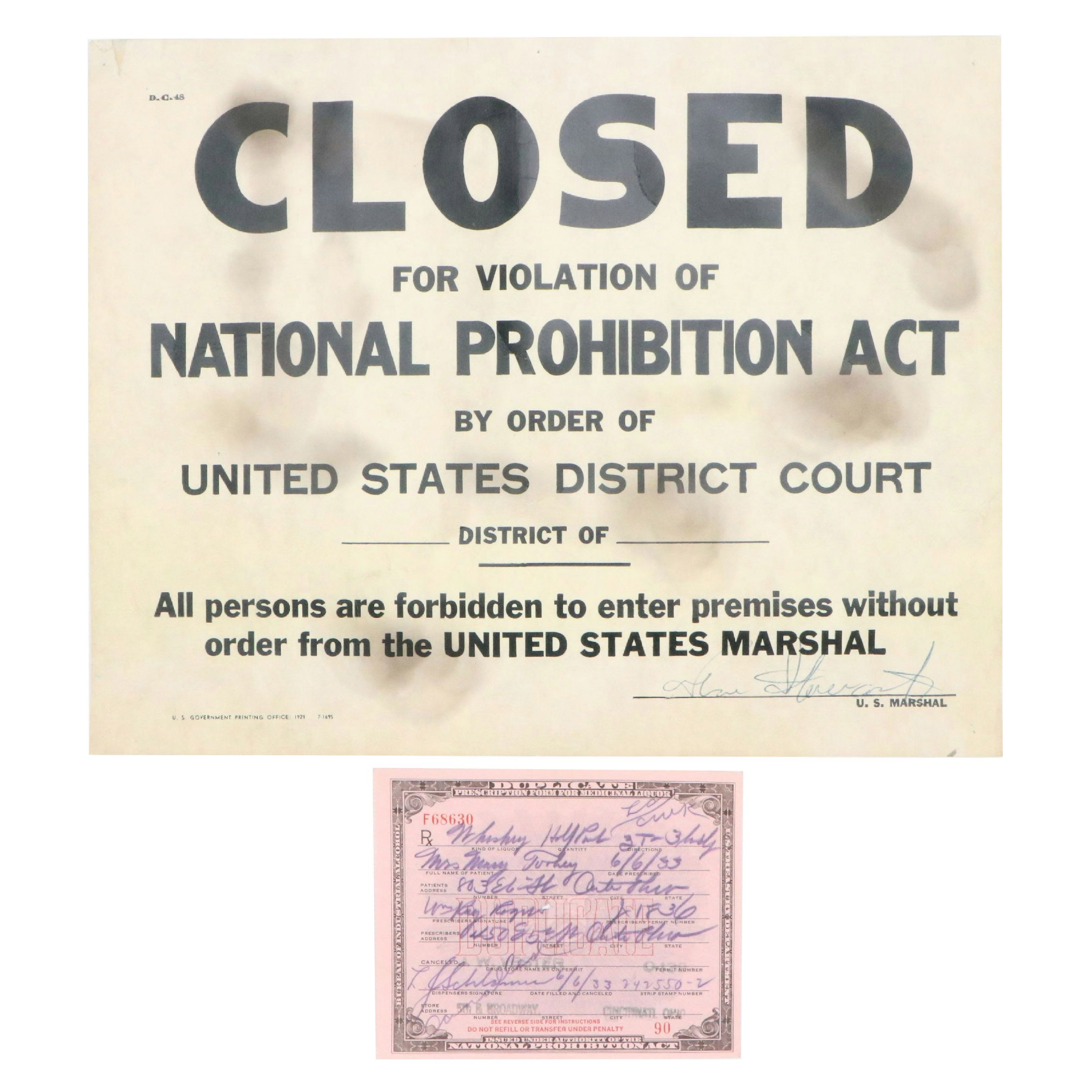 Prohibition Era Whisky Prescription Form with Reproduction Sign
