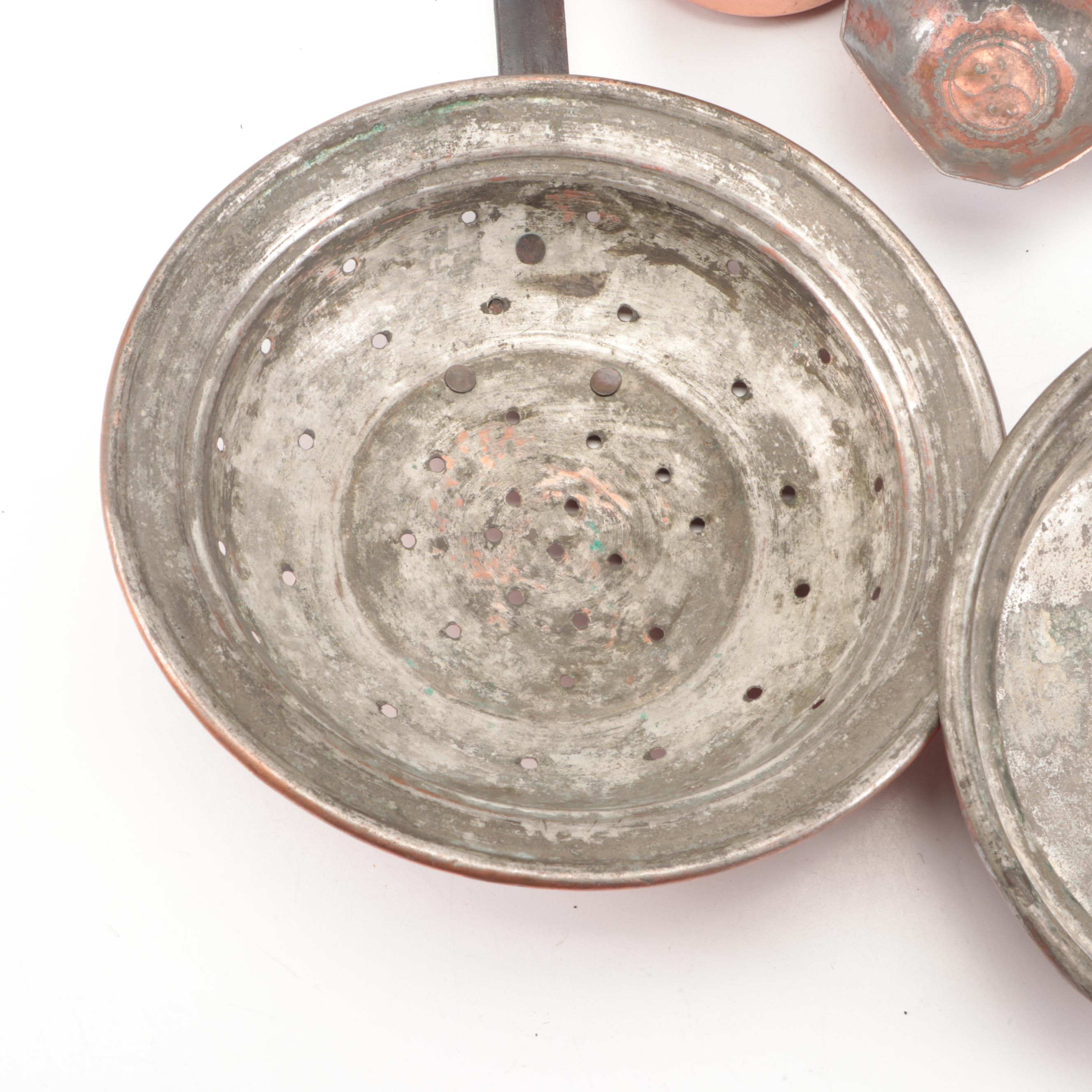 Hammered Copper Pots with Kettle and Other Tableware