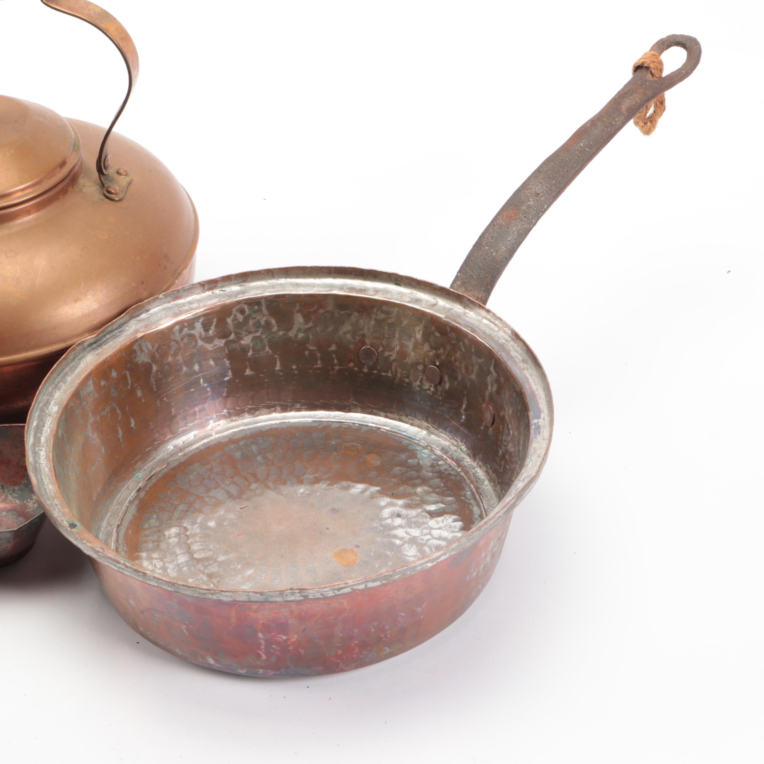 Hammered Copper Pots with Kettle and Other Tableware