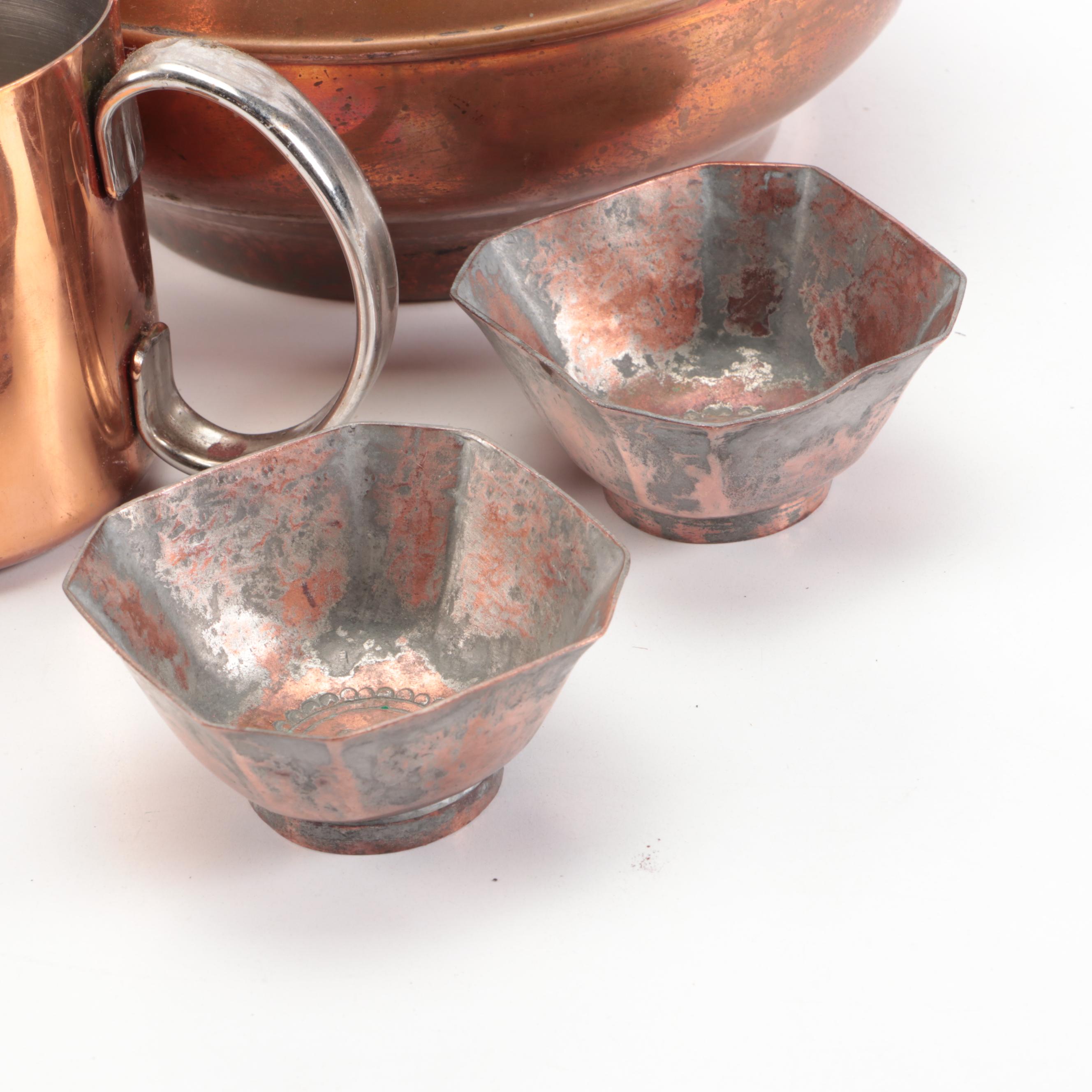 Hammered Copper Pots with Kettle and Other Tableware