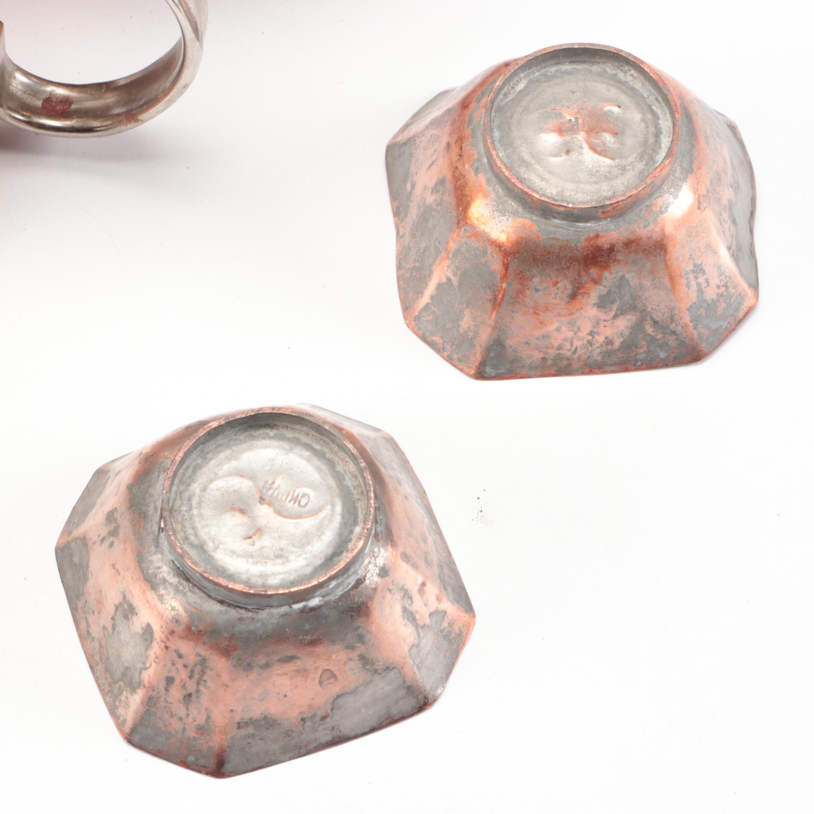 Hammered Copper Pots with Kettle and Other Tableware