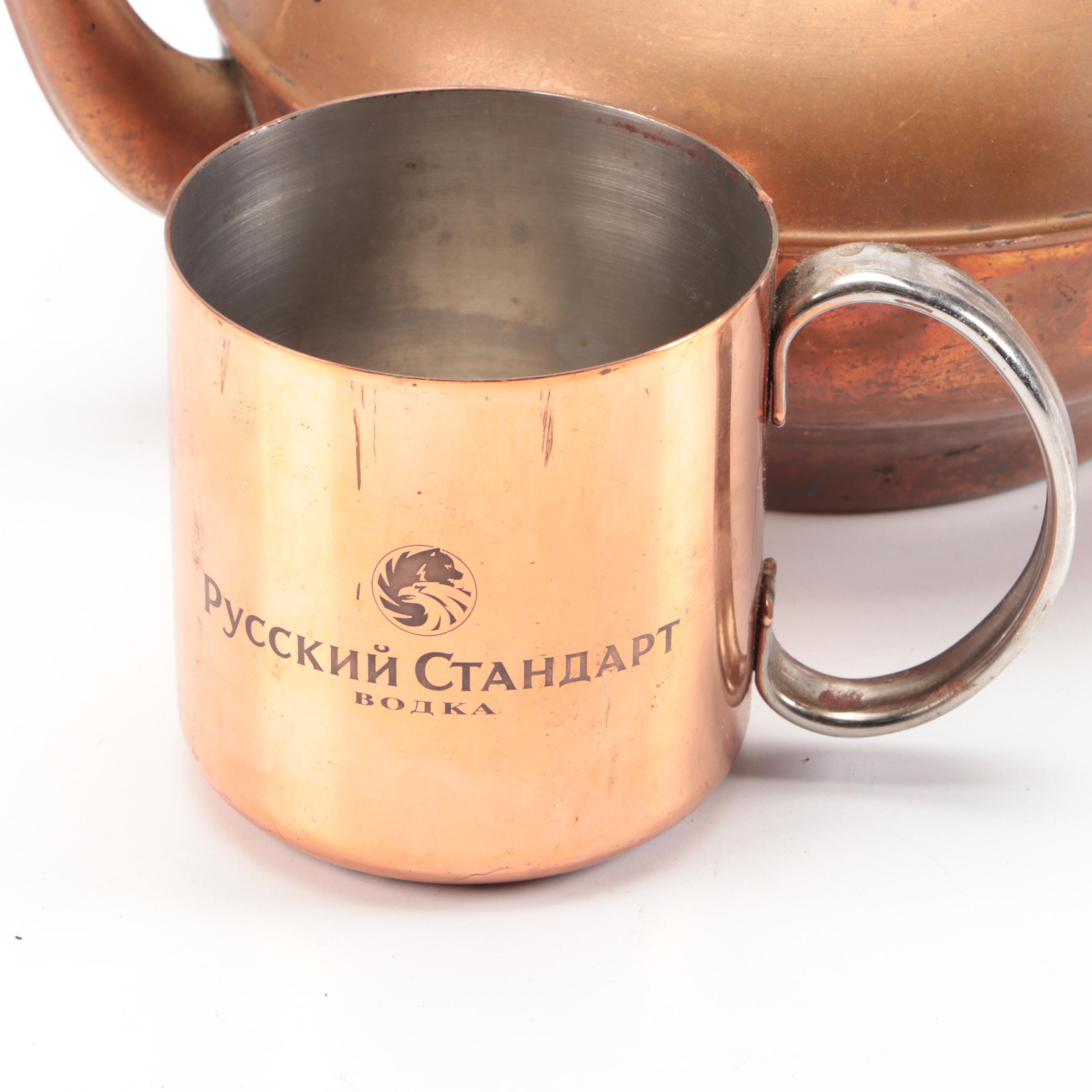 Hammered Copper Pots with Kettle and Other Tableware