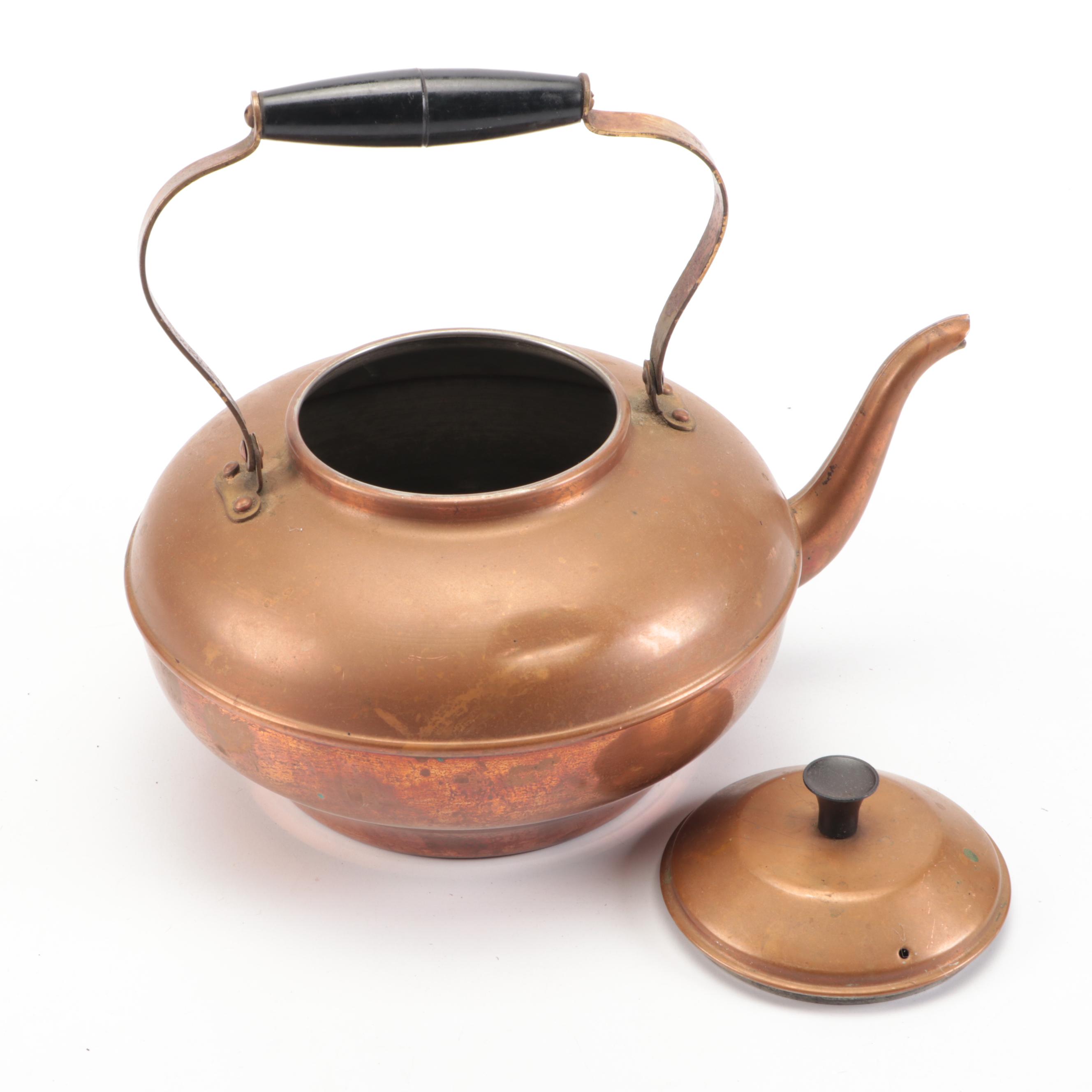 Hammered Copper Pots with Kettle and Other Tableware