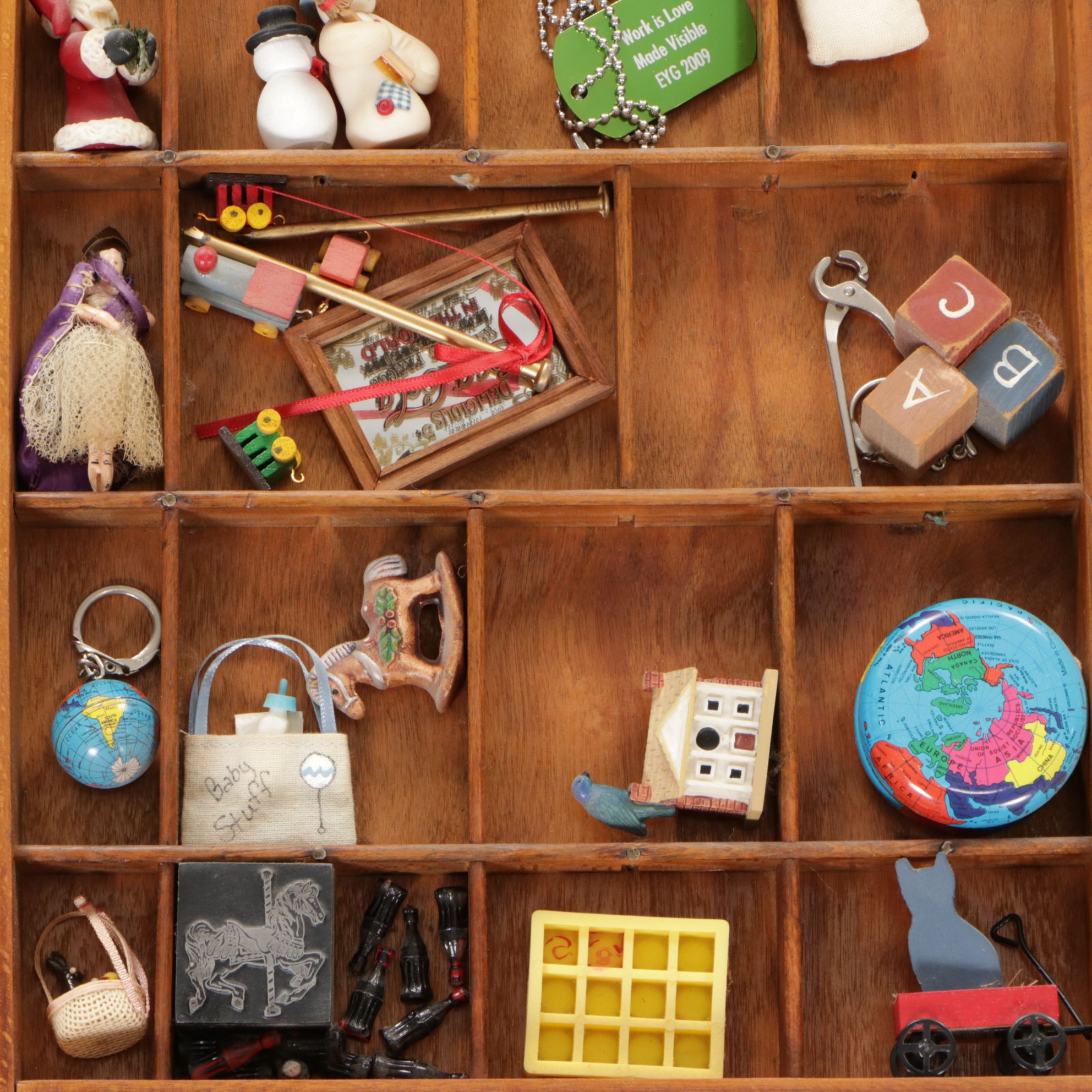 Wooden Printer's Letterpress Tray with Miniatures, Memorabilia and More