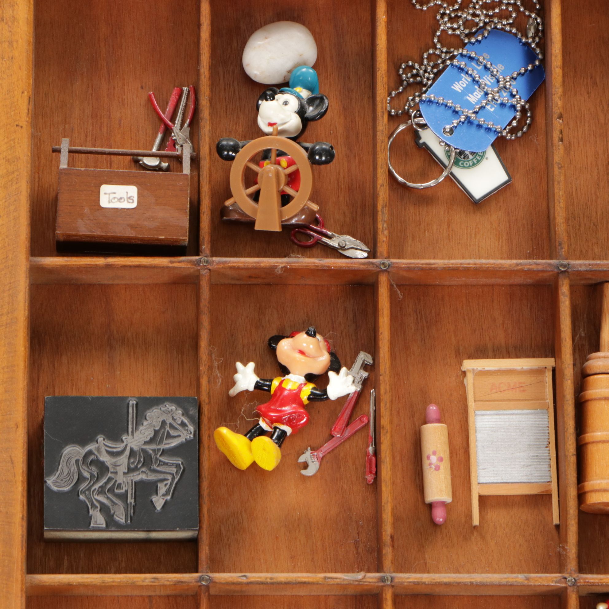 Wooden Printer's Letterpress Tray with Miniatures, Memorabilia and More
