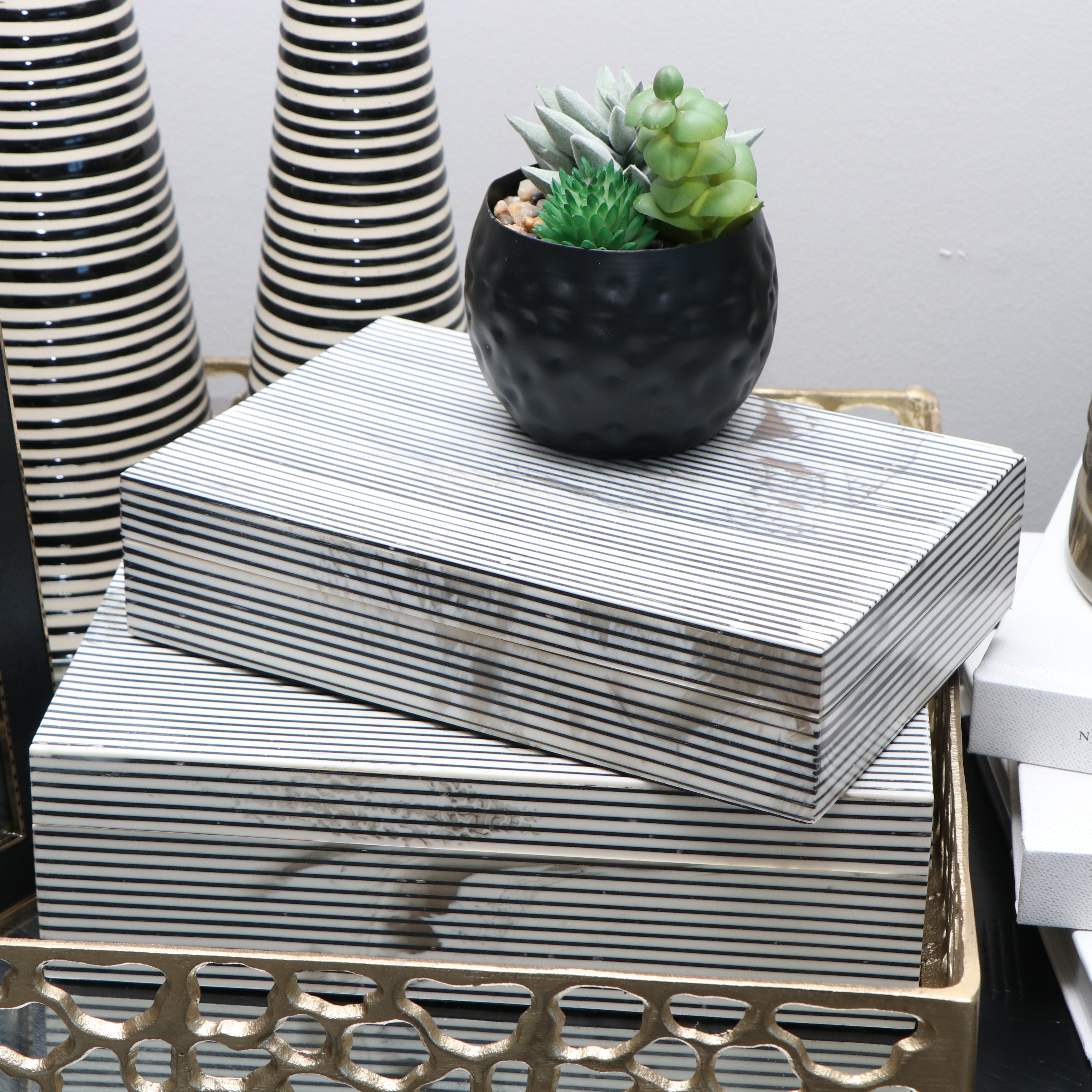 Stylecraft "Rochford" Textured Glass Table Lamp, Surya "Emily" Vases, and Décor